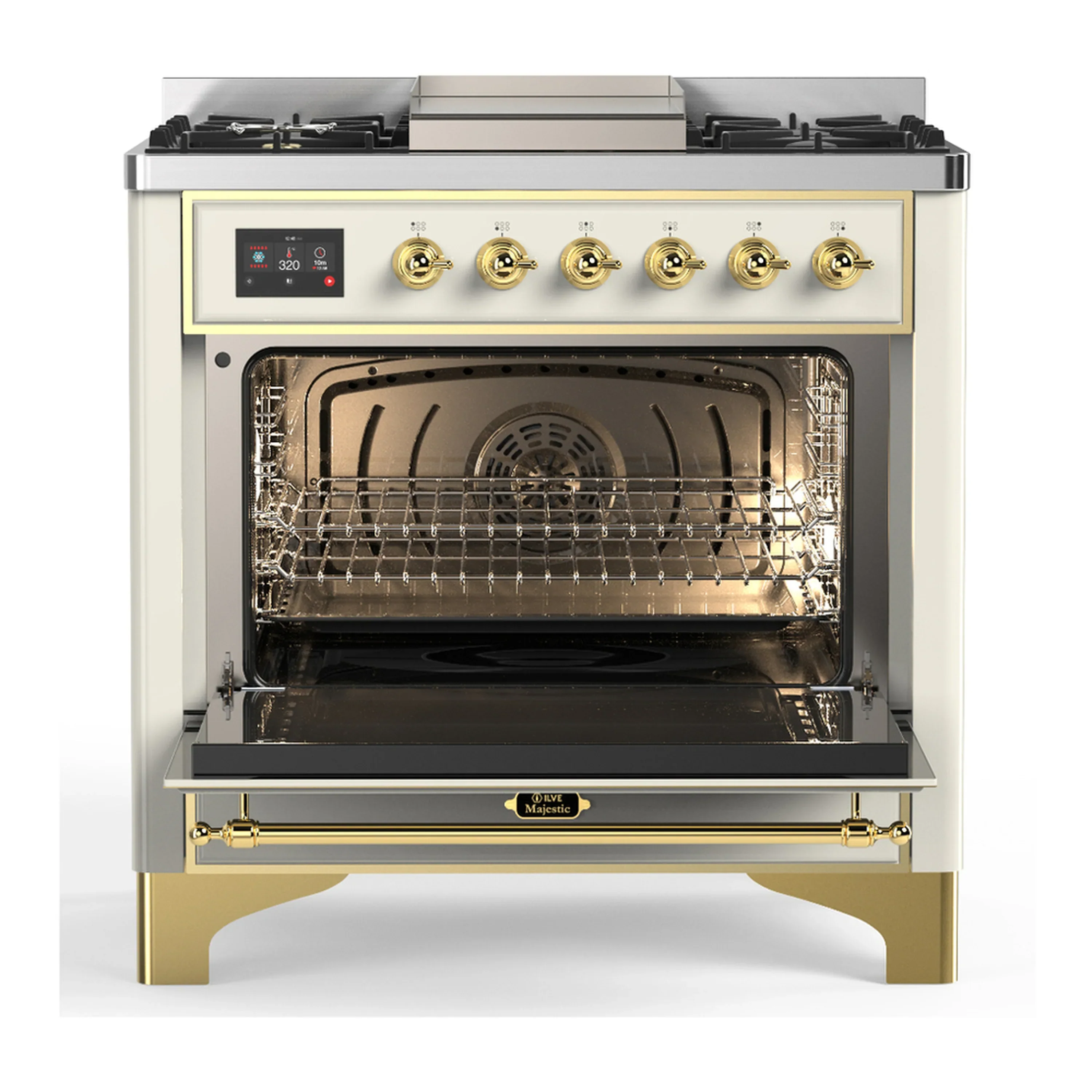 ILVE Majestic III 36-inch Dual Fuel Range with 5 Liquid Propane Burner, Griddle and Triple Glass Door Electric Oven in Antique White with Brass Trim (UM36FNR3AWGLP) - Image 4