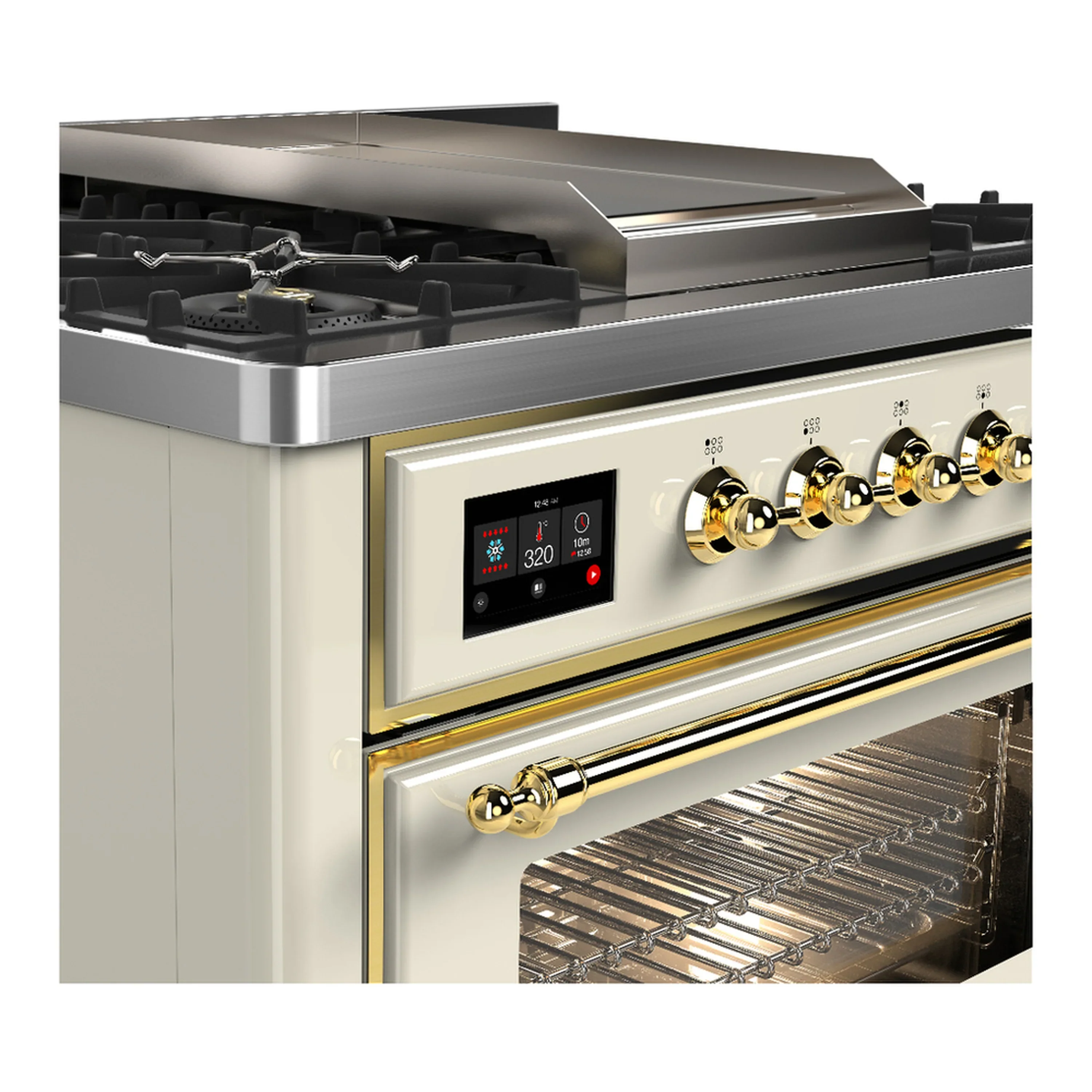 ILVE Majestic III 36-inch Dual Fuel Range with 5 Liquid Propane Burner, Griddle and Triple Glass Door Electric Oven in Antique White with Brass Trim (UM36FNR3AWGLP) - Image 5