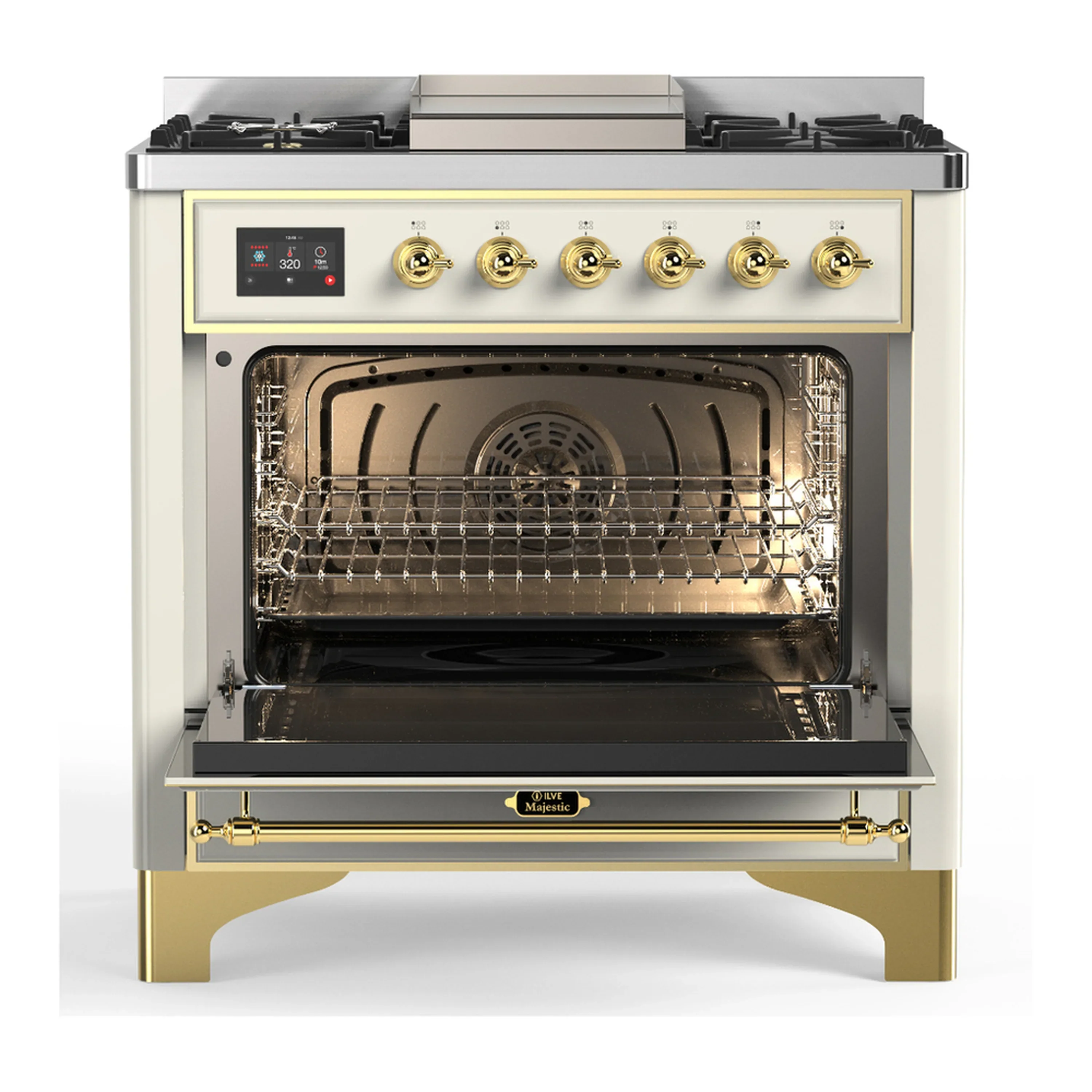 ILVE Majestic III 36-inch Dual Fuel Range with 6 Natural Gas Burner, Griddle and Solid Door Electric Oven in Antique White with Brass Trim (UM36FQNR3AWG) - Image 4