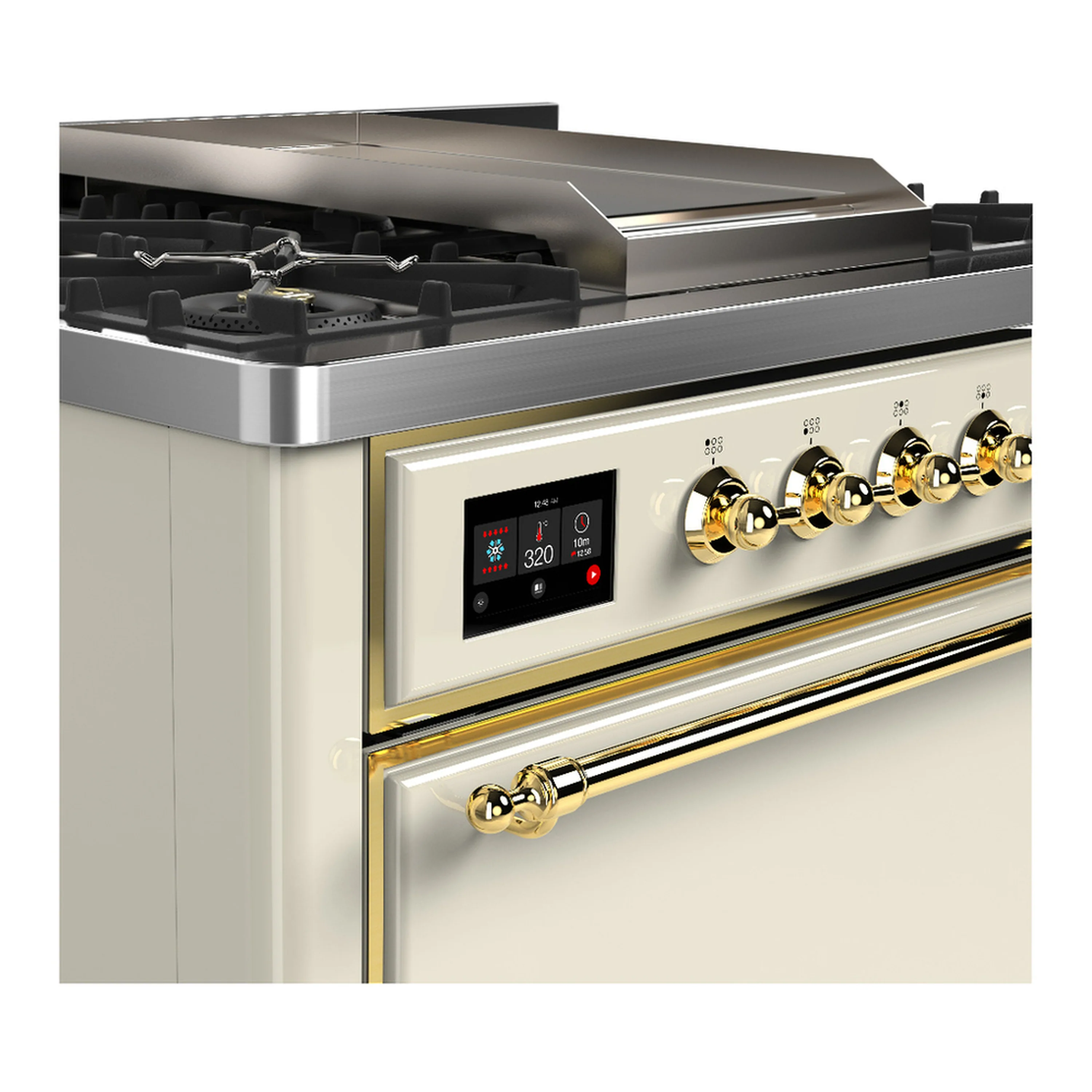ILVE Majestic III 36-inch Dual Fuel Range with 6 Natural Gas Burner, Griddle and Solid Door Electric Oven in Antique White with Brass Trim (UM36FQNR3AWG) - Image 5