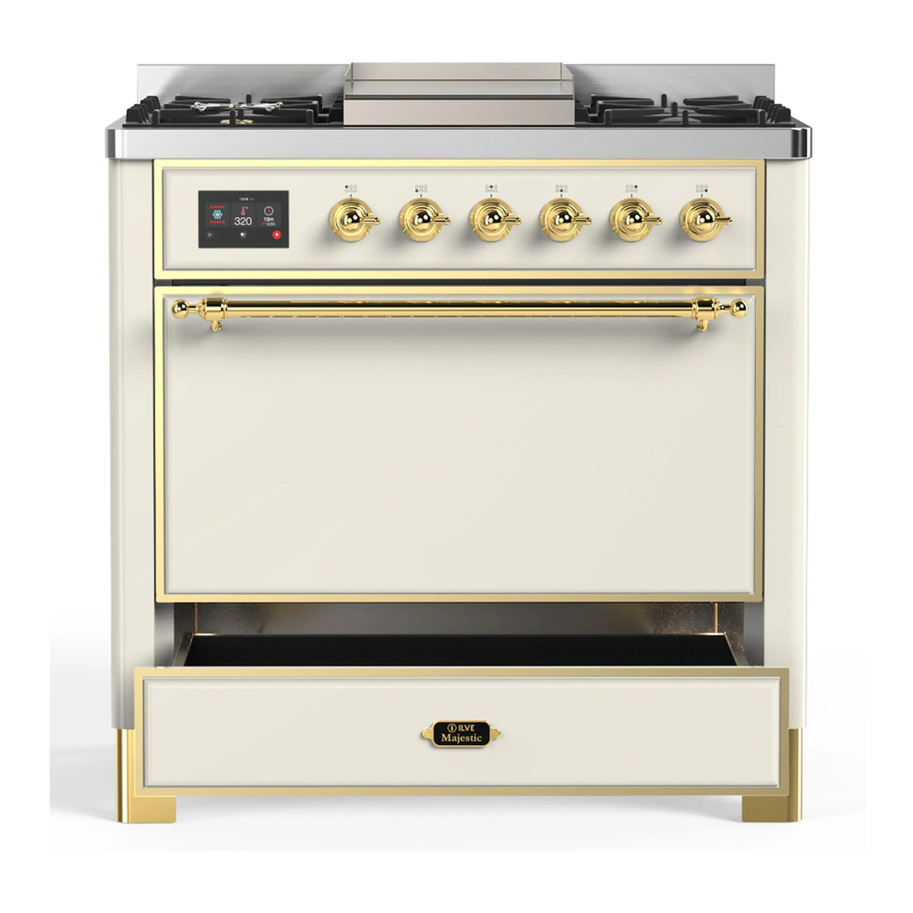 ILVE Majestic III 36-inch Dual Fuel Range with 5 Liquid Propane Burner, Griddle and Solid Door Electric Oven in Antique White with Brass Trim (UM36FQNR3AWGLP) - Image 3