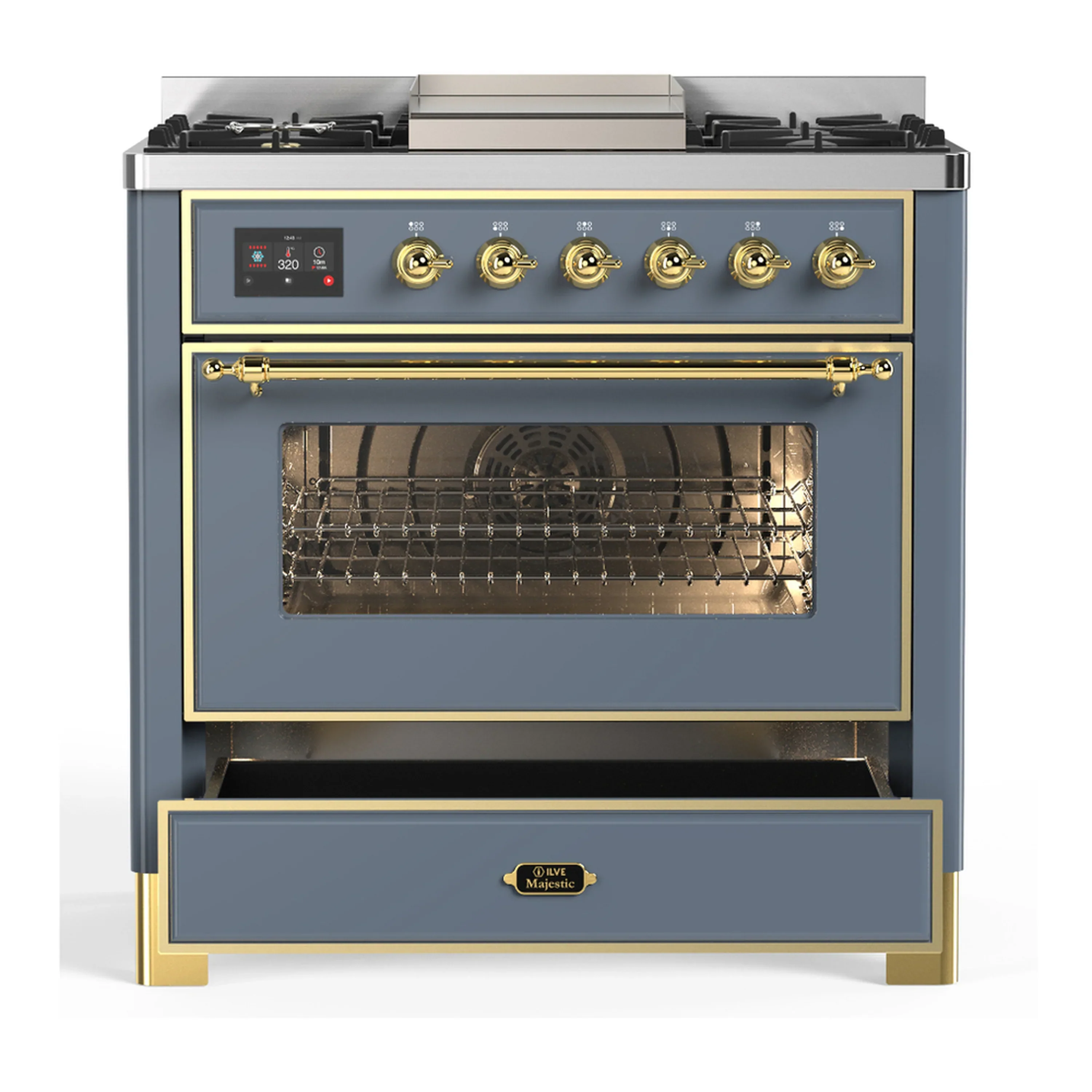 ILVE Majestic III 36-inch Dual Fuel Range with 6 Natural Gas Burner, Griddle and Triple Glass Door Electric Oven in Blue Grey with Brass Trim (UM36FNR3BGG) - Image 3