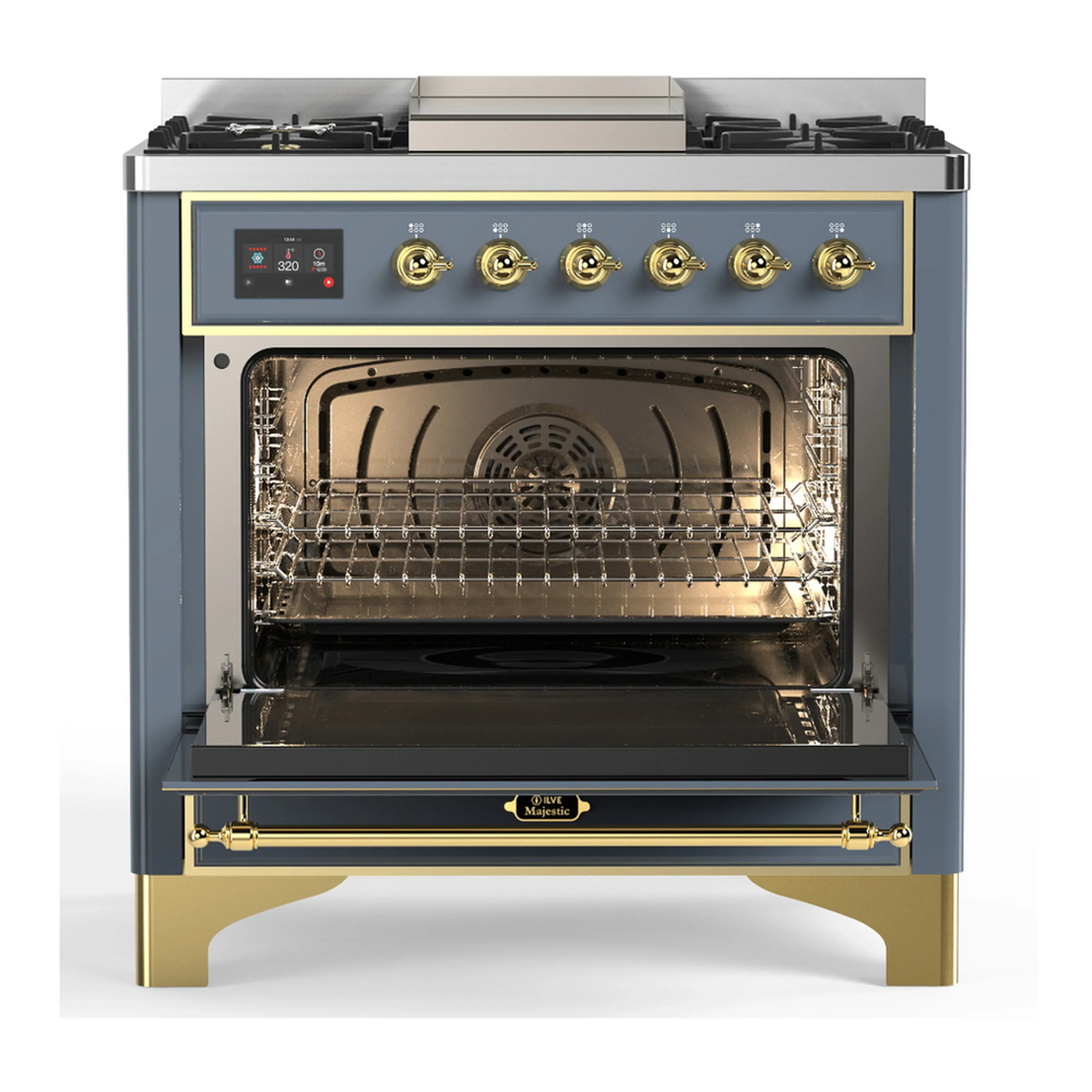 ILVE Majestic III 36-inch Dual Fuel Range with 6 Natural Gas Burner, Griddle and Triple Glass Door Electric Oven in Blue Grey with Brass Trim (UM36FNR3BGG) - Image 4
