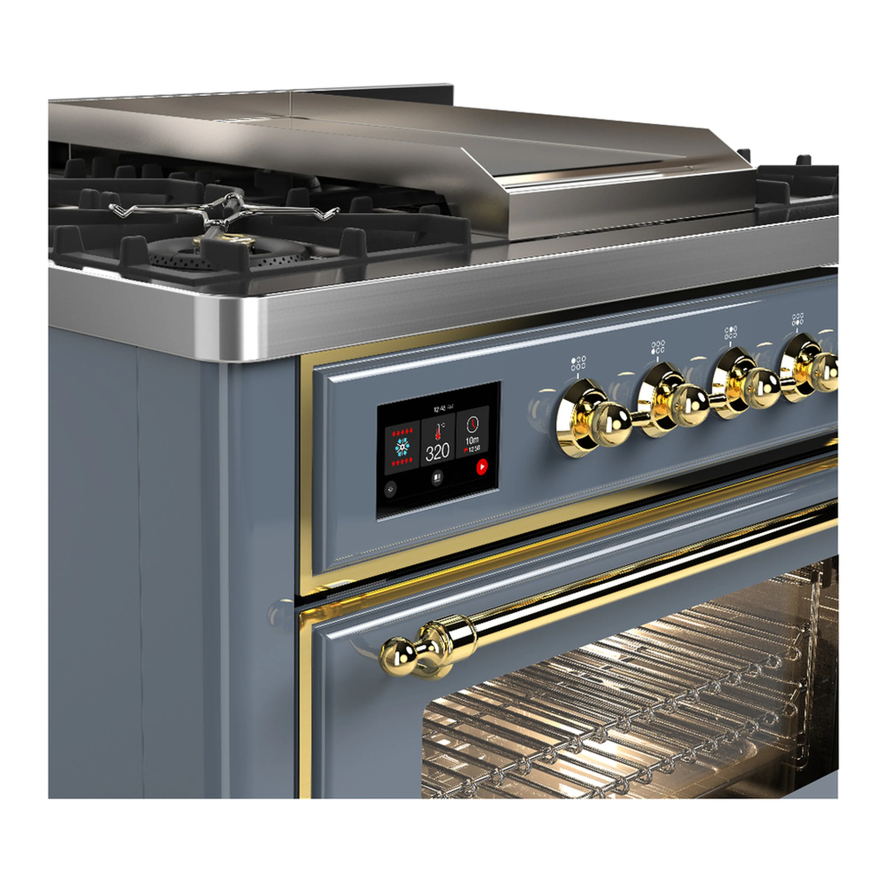 ILVE Majestic III 36-inch Dual Fuel Range with 6 Natural Gas Burner, Griddle and Triple Glass Door Electric Oven in Blue Grey with Brass Trim (UM36FNR3BGG) - Image 5
