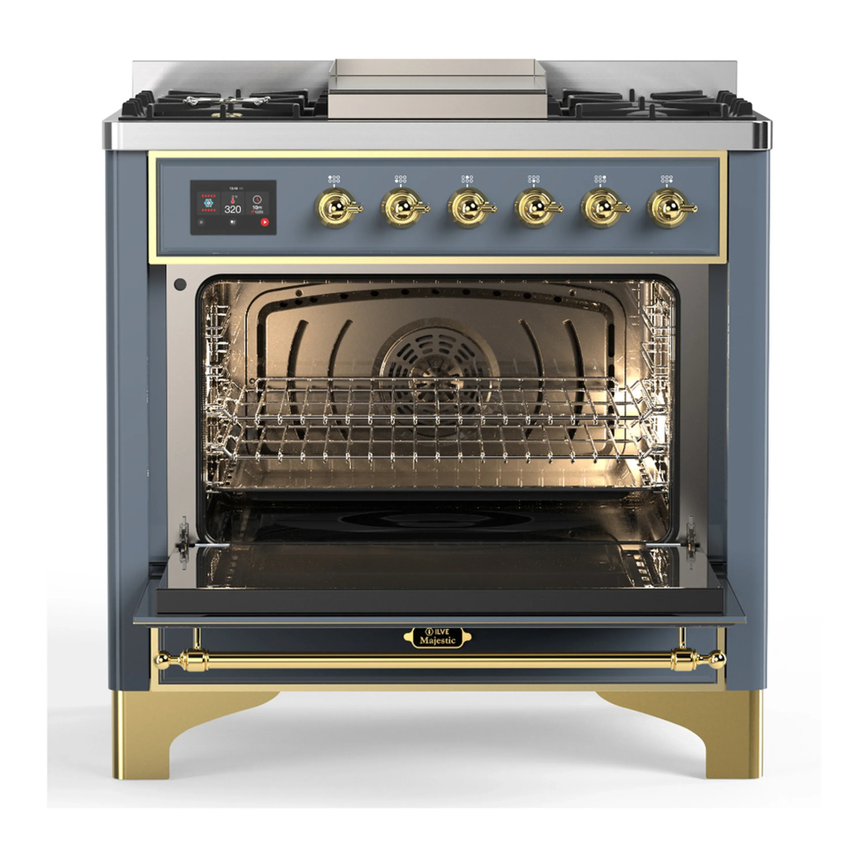 ILVE Majestic III 36-inch Dual Fuel Range with 6 Natural Gas Burner, Griddle and Solid Door Electric Oven in Blue Grey with Brass Trim (UM36FQNR3BGG) - Image 4