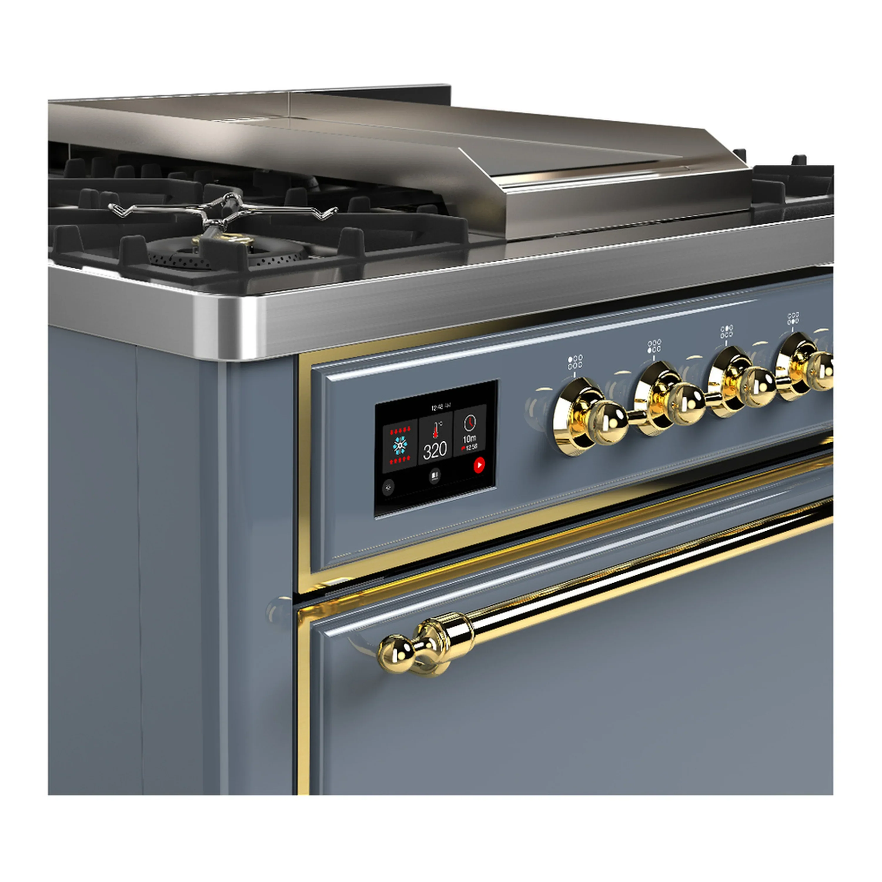 ILVE Majestic III 36-inch Dual Fuel Range with 6 Natural Gas Burner, Griddle and Solid Door Electric Oven in Blue Grey with Brass Trim (UM36FQNR3BGG) - Image 5