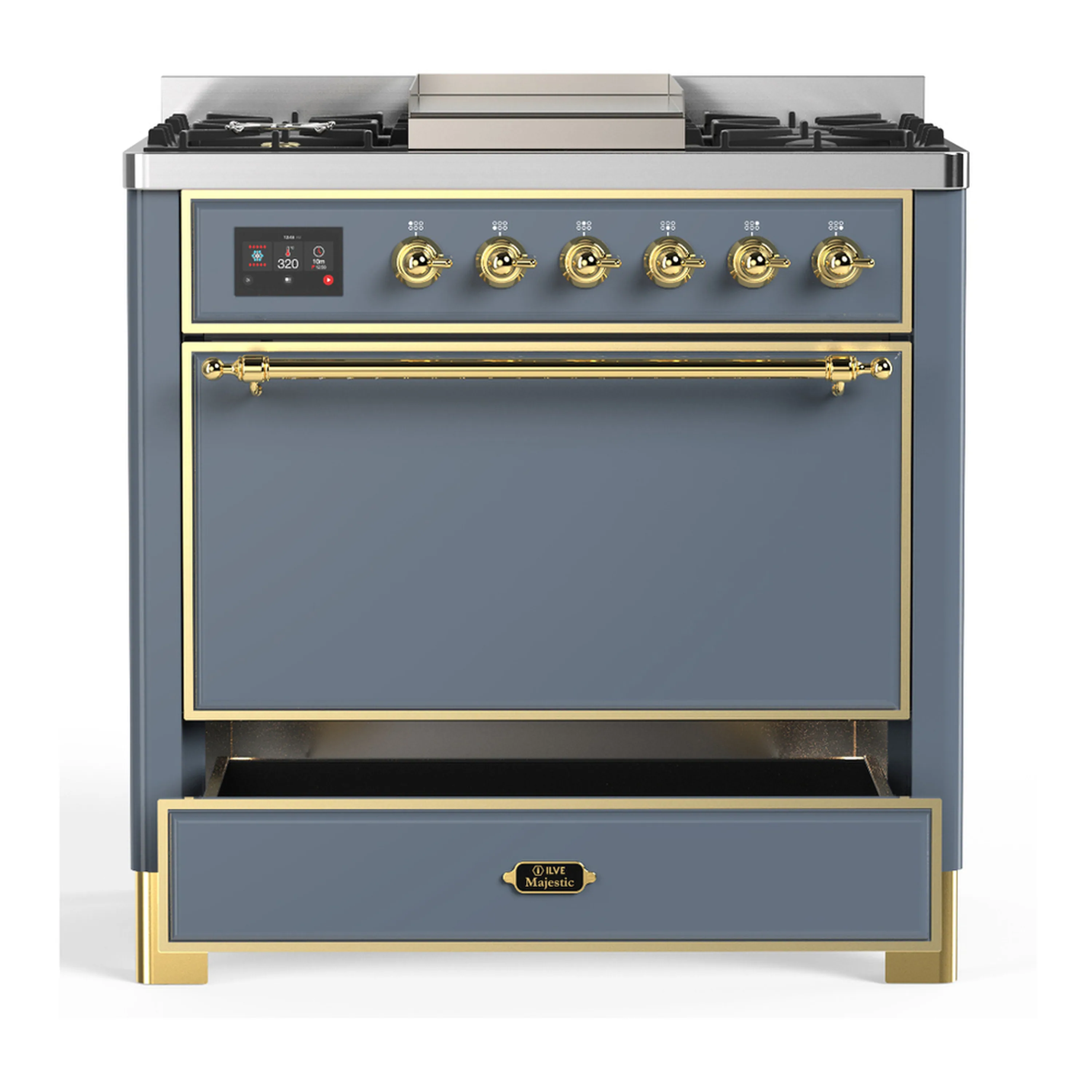 ILVE Majestic III 36-inch Dual Fuel Range with 5 Liquid Propane Burner, Griddle and Solid Door Electric Oven in Blue Grey with Brass Trim (UM36FQNR3BGGLP) - Image 3