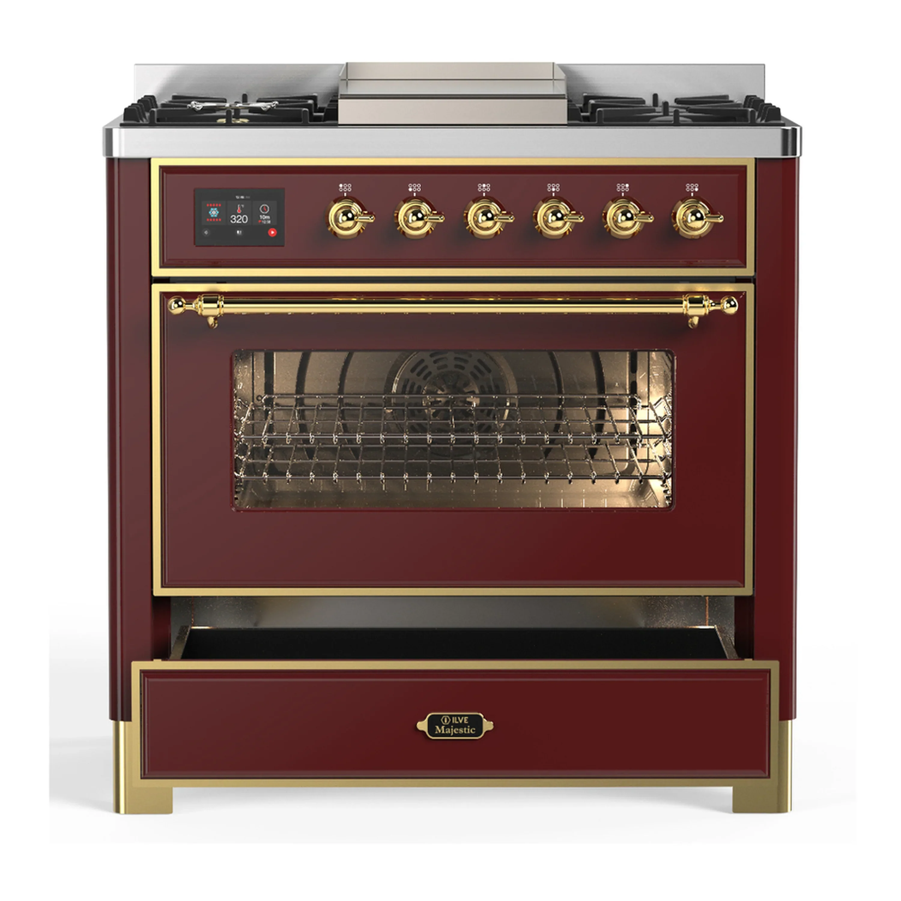 ILVE Majestic III 36-inch Dual Fuel Range with 6 Natural Gas Burner, Griddle and Triple Glass Door Electric Oven in Burgundy with Brass Trim (UM36FNR3BUG) - Image 3