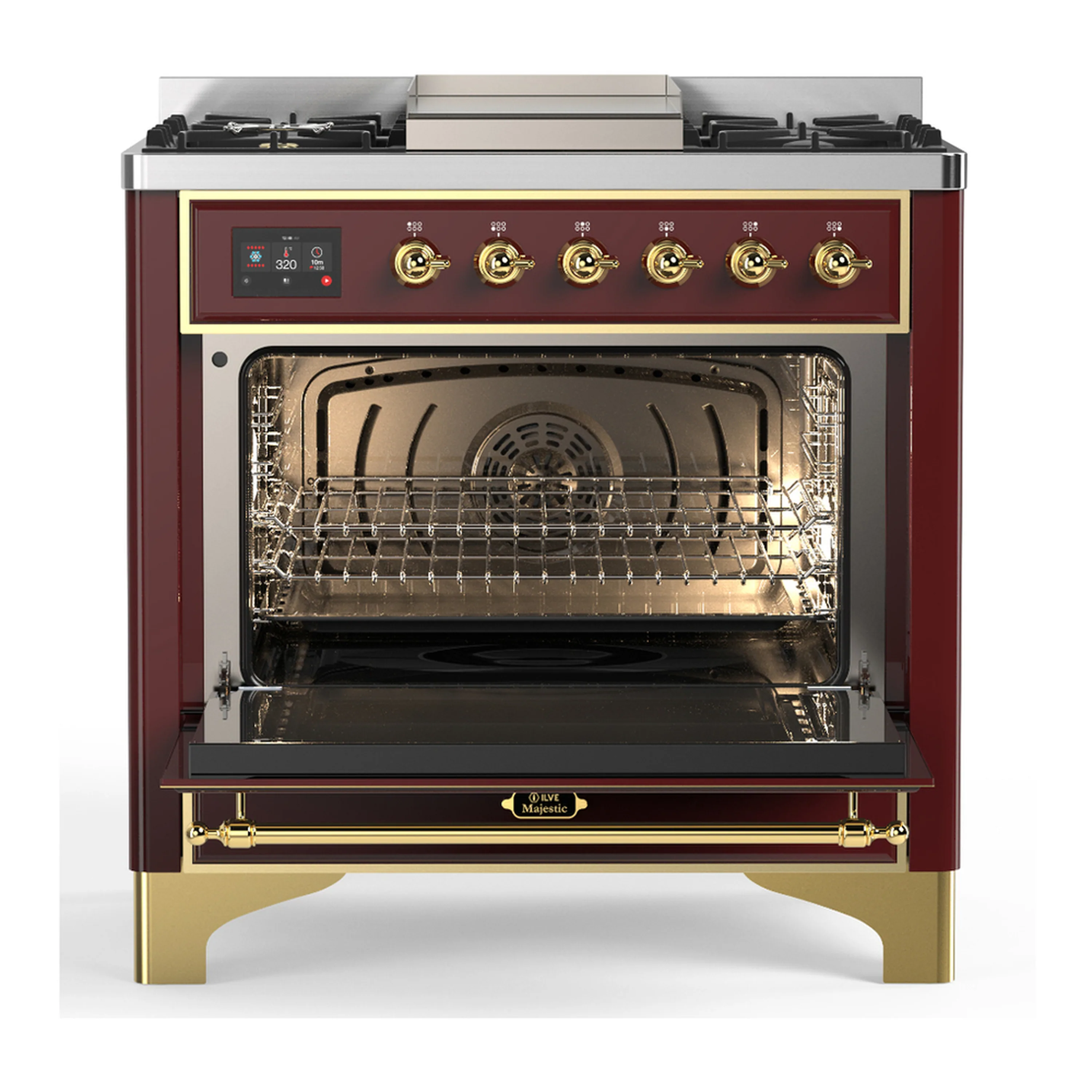 ILVE Majestic III 36-inch Dual Fuel Range with 6 Natural Gas Burner, Griddle and Triple Glass Door Electric Oven in Burgundy with Brass Trim (UM36FNR3BUG) - Image 4