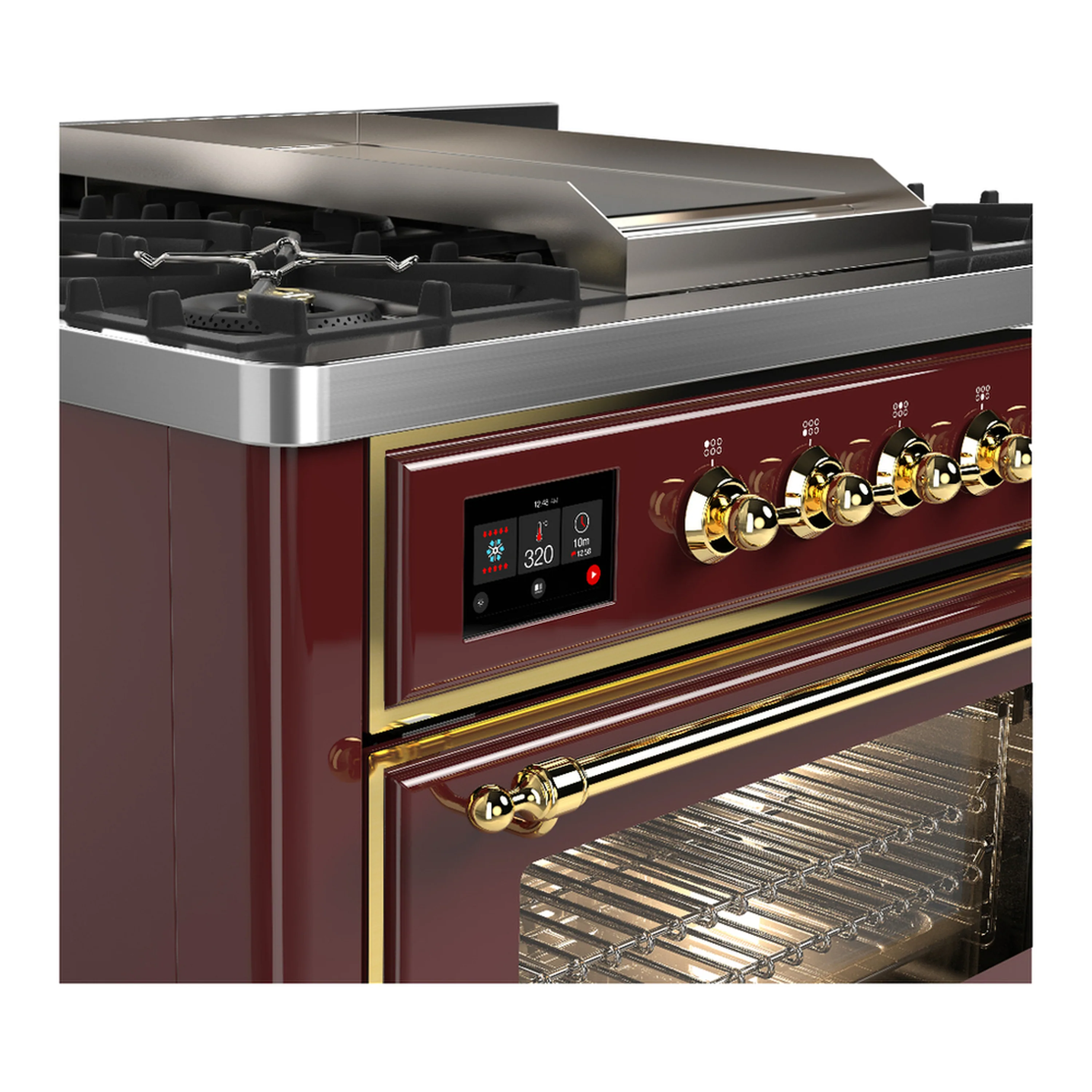 ILVE Majestic III 36-inch Dual Fuel Range with 6 Natural Gas Burner, Griddle and Triple Glass Door Electric Oven in Burgundy with Brass Trim (UM36FNR3BUG) - Image 5