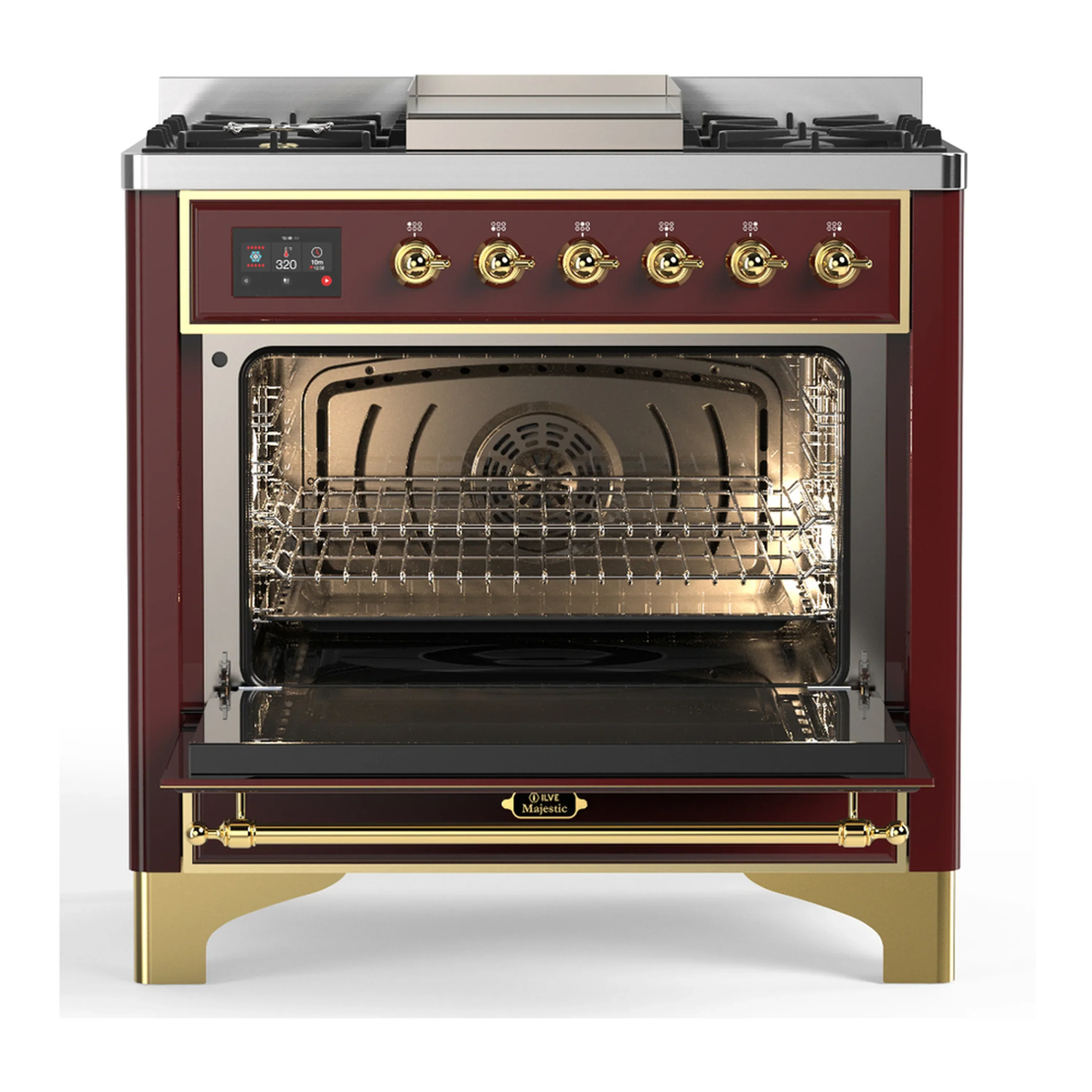 ILVE Majestic III 36-inch Dual Fuel Range with 5 Liquid Propane Burner, Griddle and Triple Glass Door Electric Oven in Burgundy with Brass Trim (UM36FNR3BUGLP) - Image 4