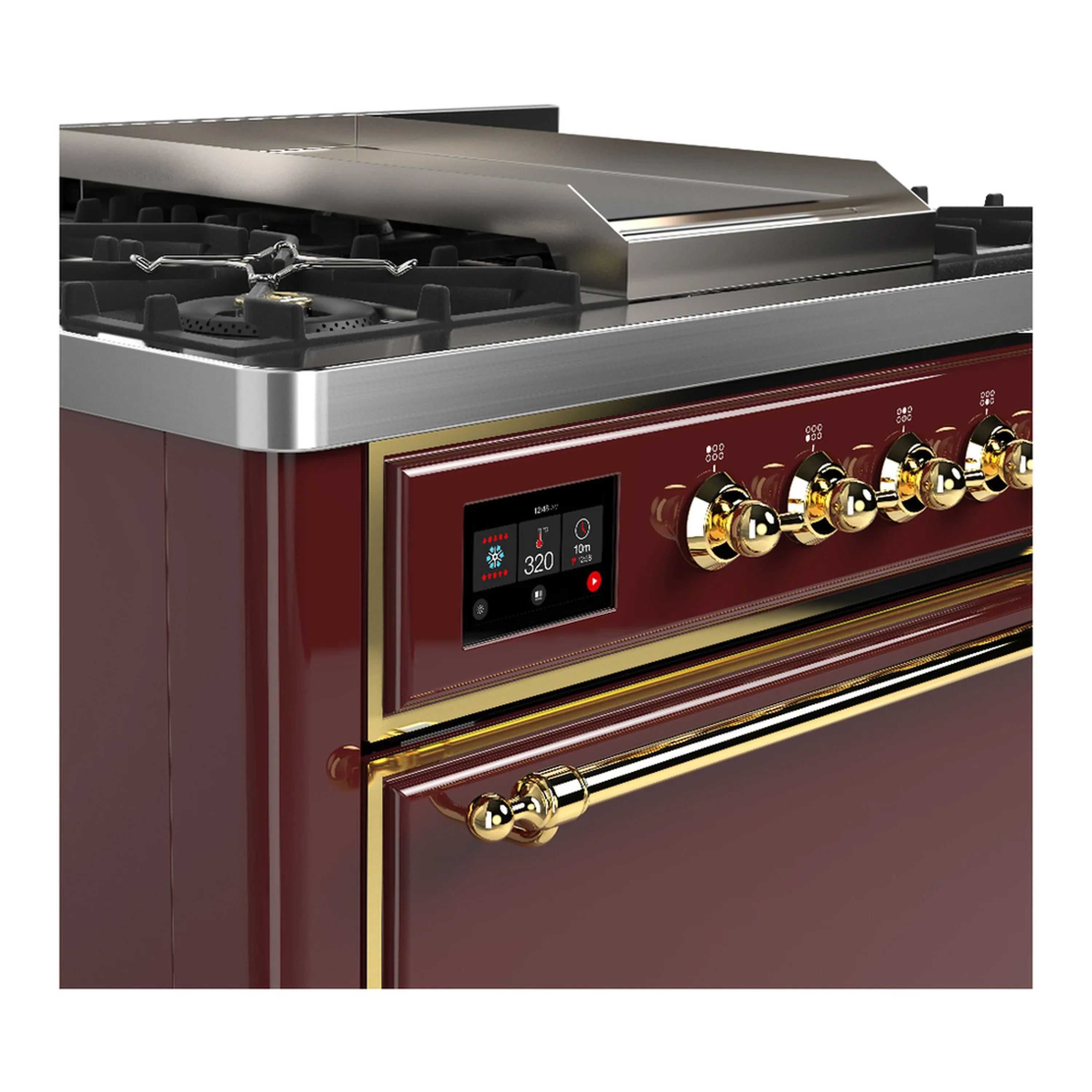 ILVE Majestic III 36-inch Dual Fuel Range with 6 Natural Gas Burner, Griddle and Solid Door Electric Oven in Burgundy with Brass Trim (UM36FQNR3BUG) - Image 5