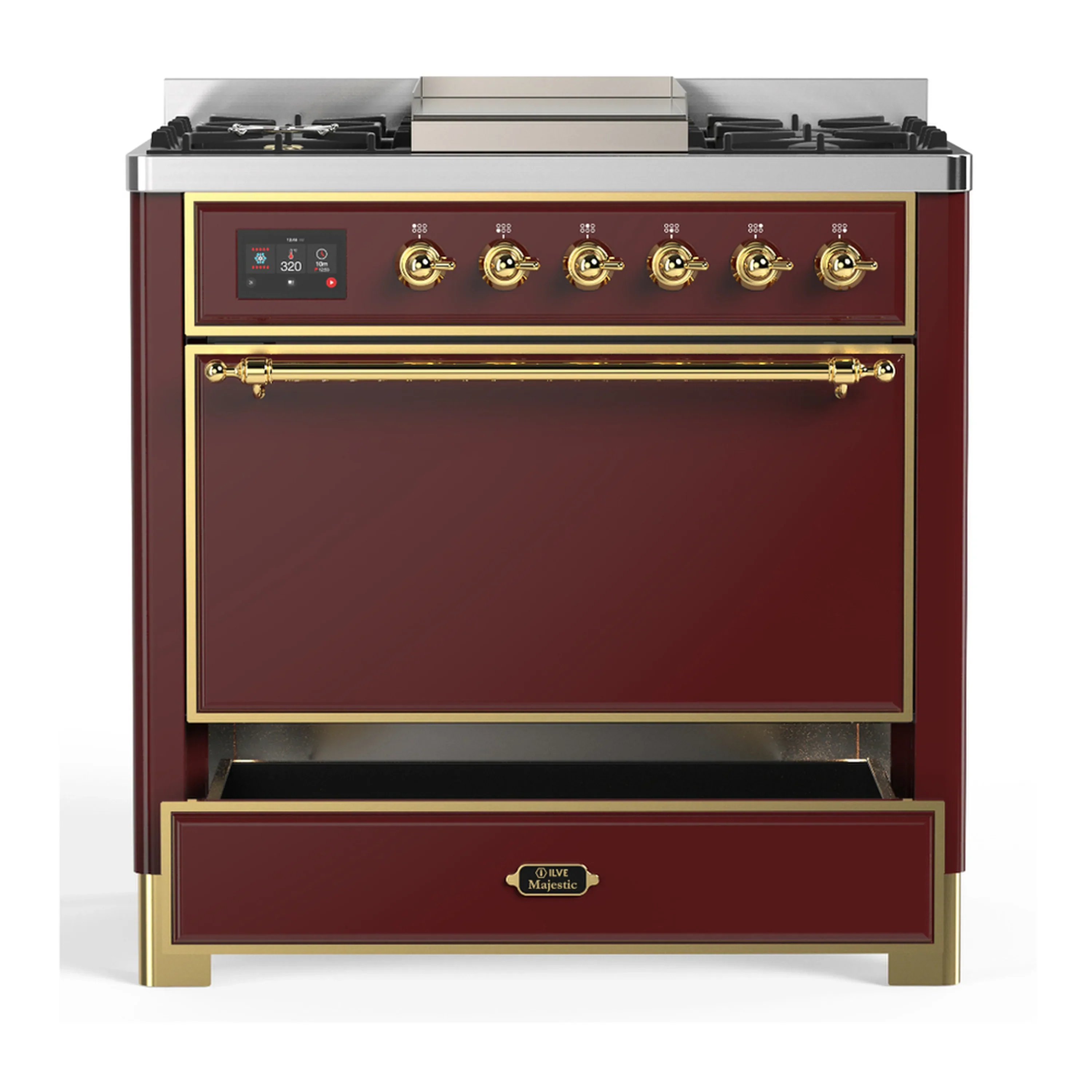 ILVE Majestic III 36-inch Dual Fuel Range with 5 Liquid Propane Burner, Griddle and Solid Door Electric Oven in Burgundy with Brass Trim (UM36FQNR3BUGLP) - Image 3
