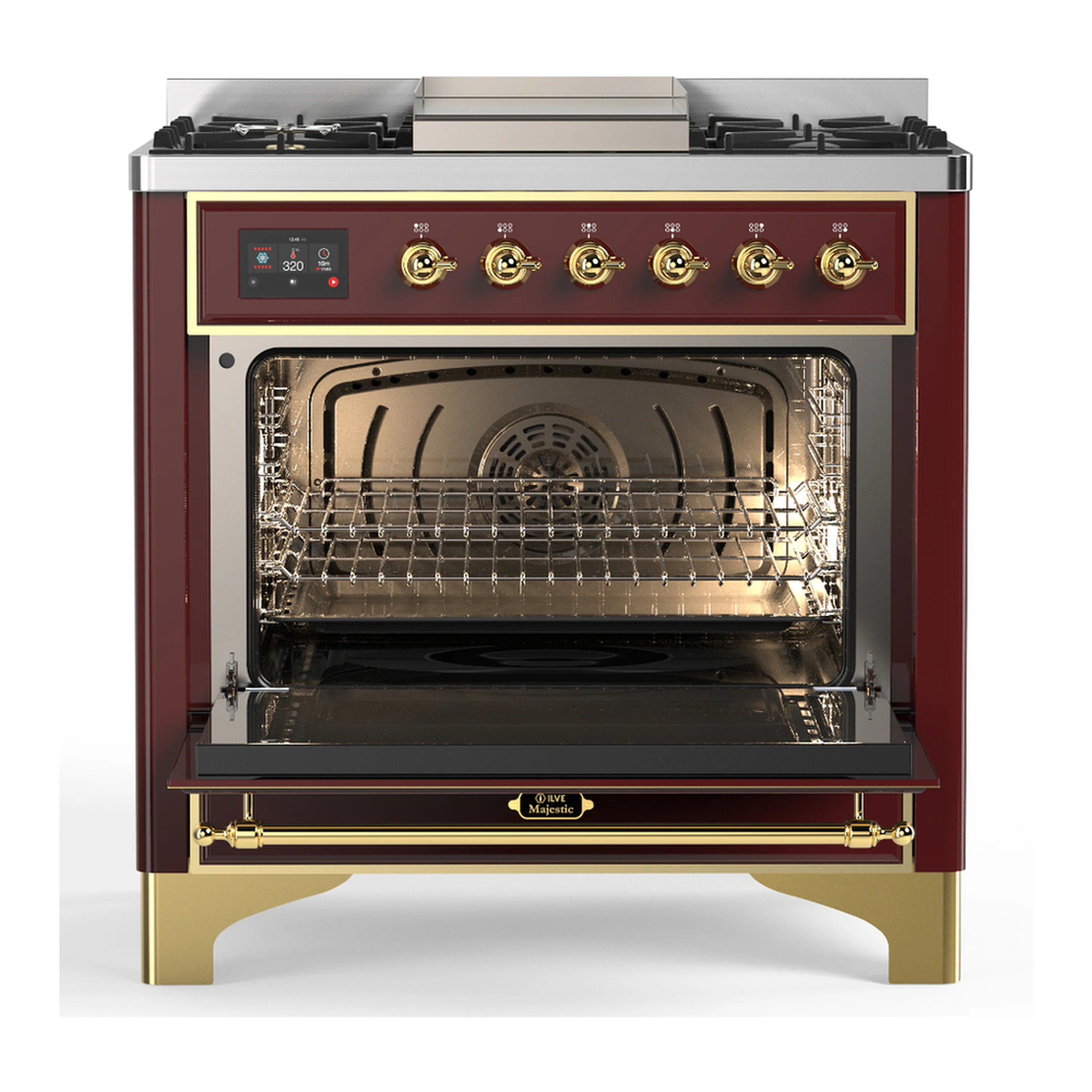ILVE Majestic III 36-inch Dual Fuel Range with 5 Liquid Propane Burner, Griddle and Solid Door Electric Oven in Burgundy with Brass Trim (UM36FQNR3BUGLP) - Image 4