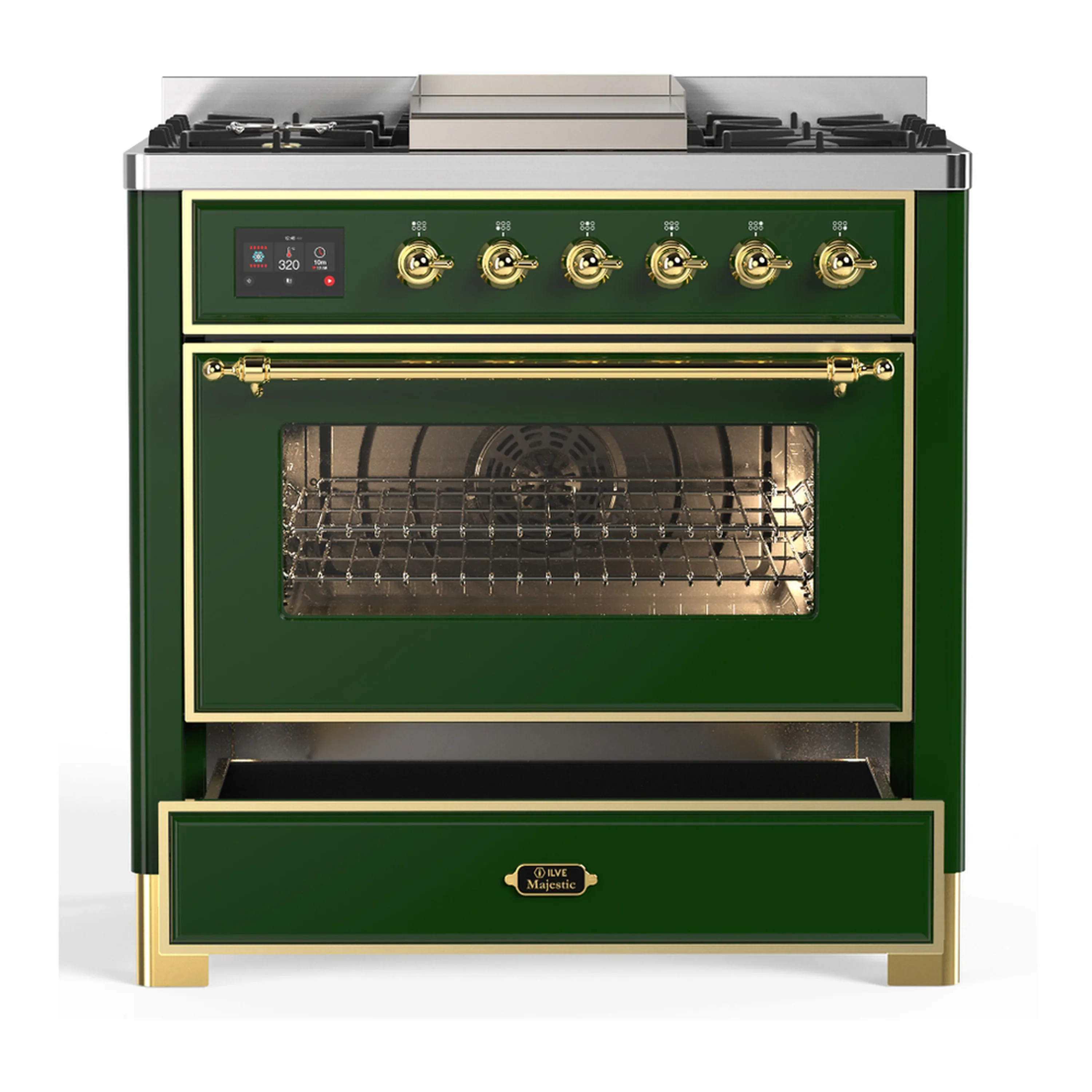 ILVE Majestic III 36-inch Dual Fuel Range with 6 Natural Gas Burner, Griddle and Triple Glass Door Electric Oven in Emerald Green with Brass Trim (UM36FNR3EGG) - Image 3
