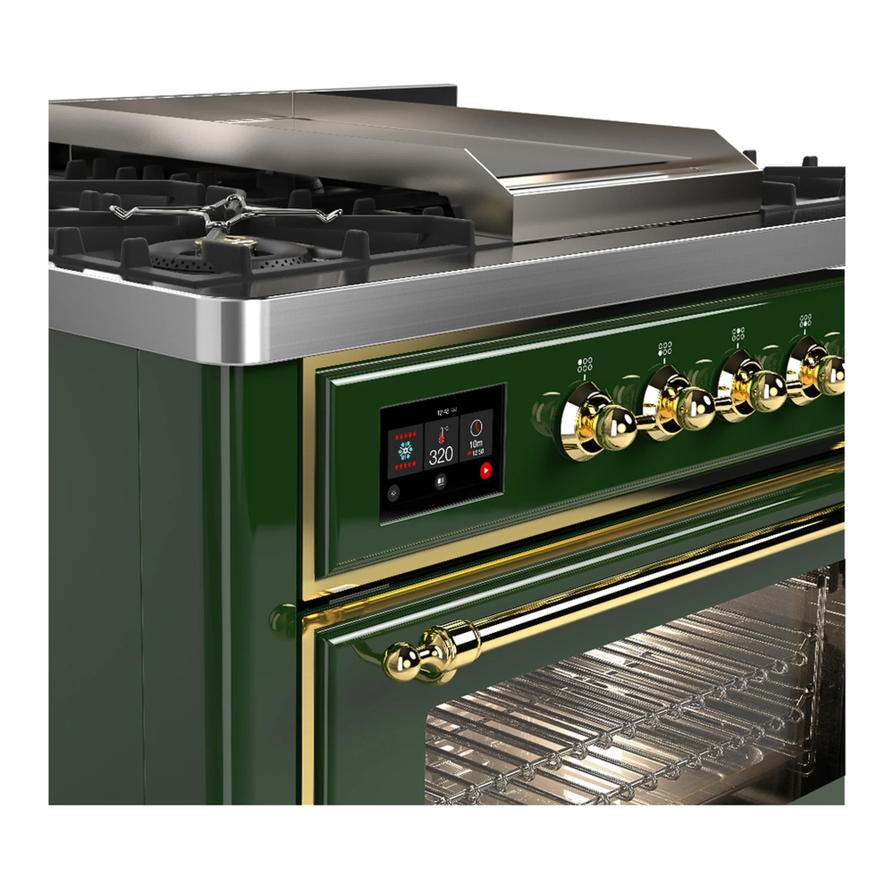 ILVE Majestic III 36-inch Dual Fuel Range with 6 Natural Gas Burner, Griddle and Triple Glass Door Electric Oven in Emerald Green with Brass Trim (UM36FNR3EGG) - Image 5
