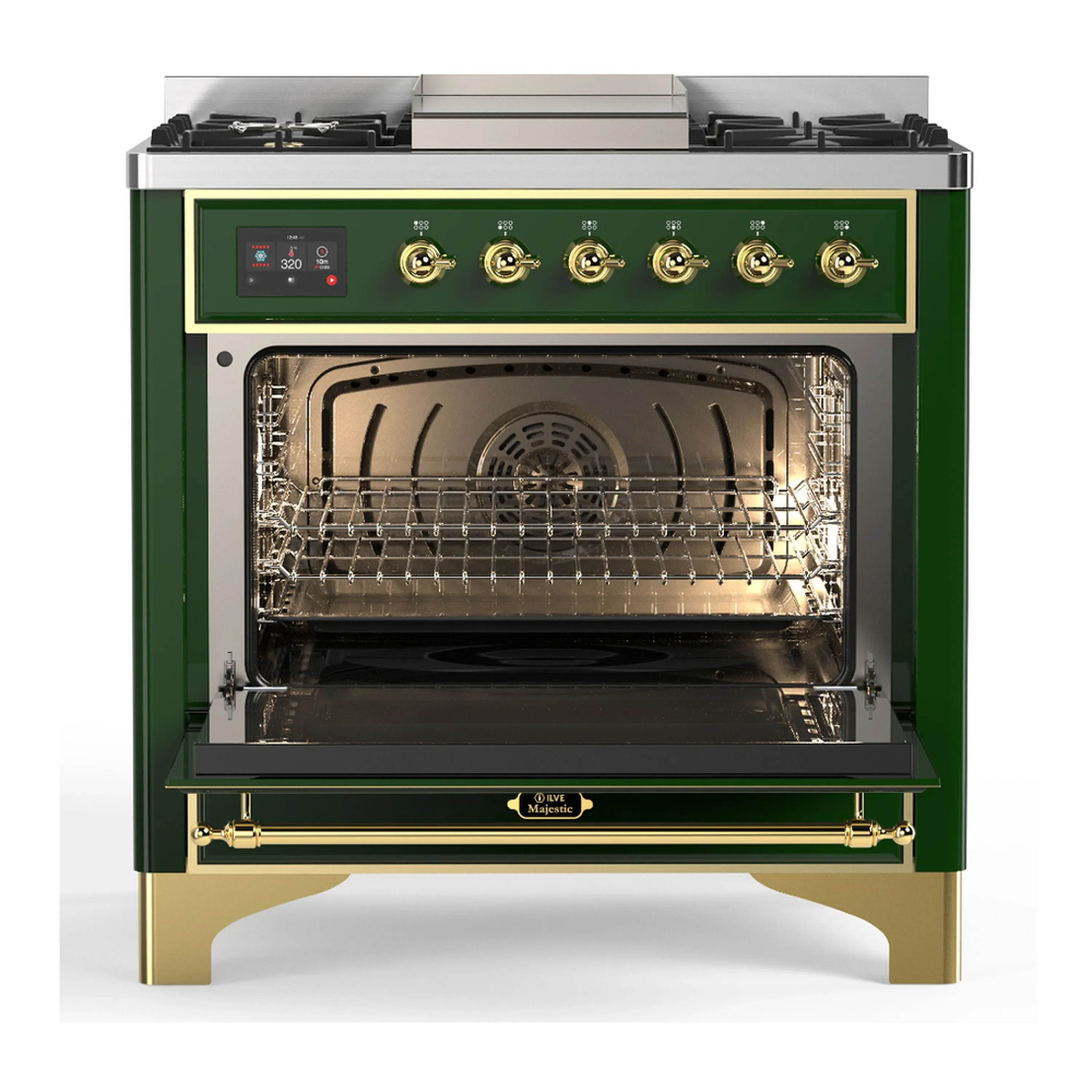 ILVE Majestic III 36-inch Dual Fuel Range with 5 Liquid Propane Burner, Griddle and Triple Glass Door Electric Oven in Emerald Green with Brass Trim (UM36FNR3EGGLP) - Image 4