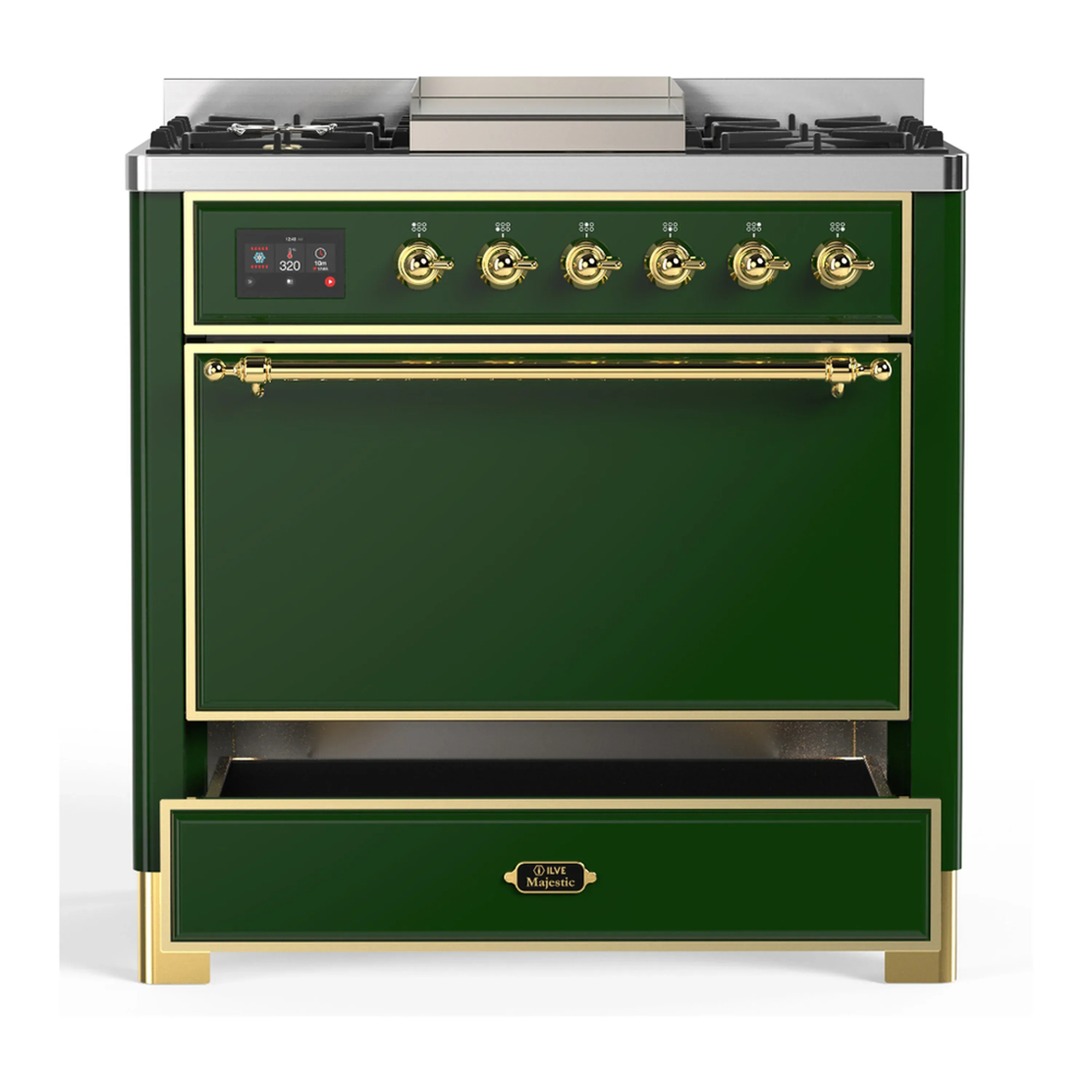 ILVE Majestic III 36-inch Dual Fuel Range with 6 Natural Gas Burner, Griddle and Solid Door Electric Oven in Emerald Green with Brass Trim (UM36FQNR3EGG) - Image 3