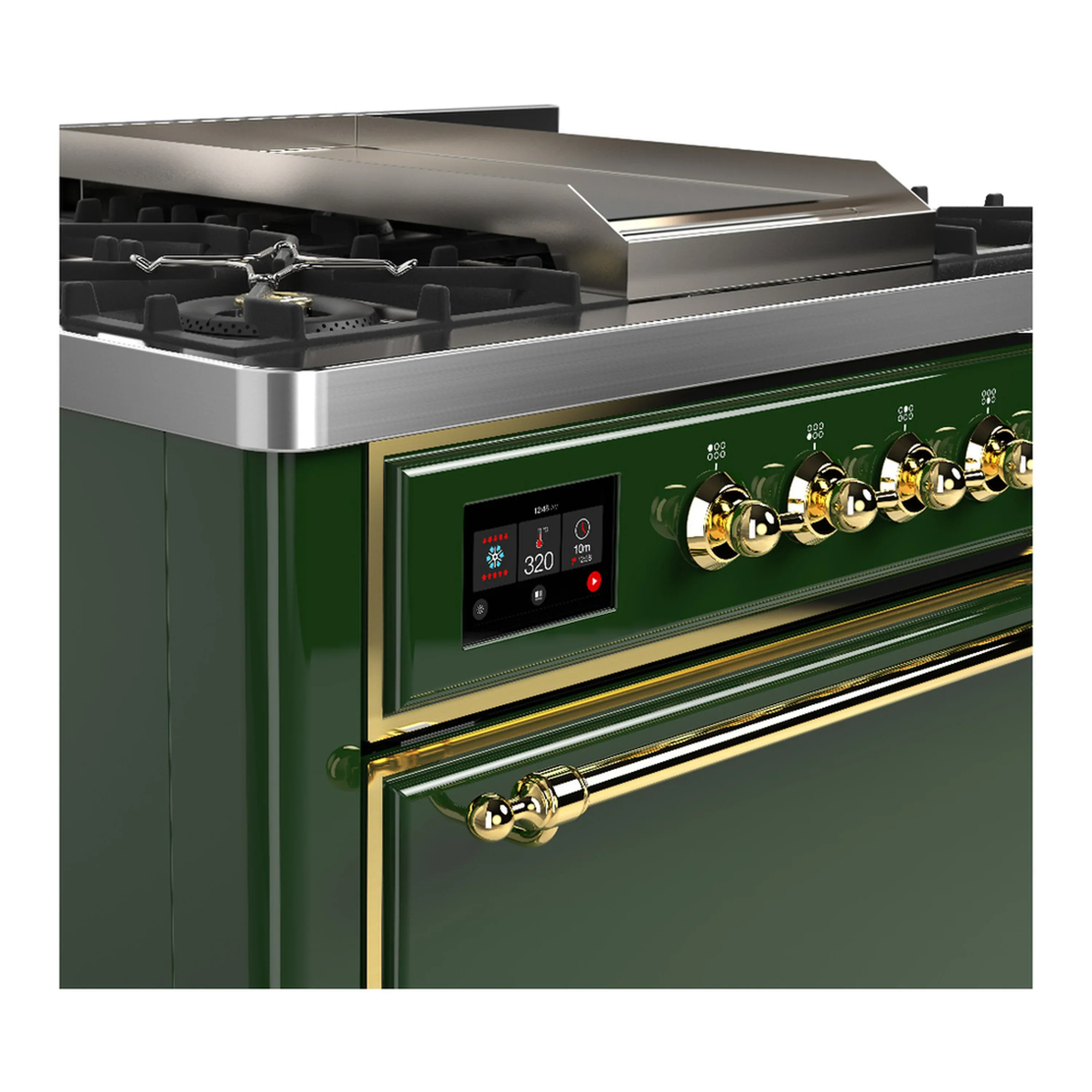 ILVE Majestic III 36-inch Dual Fuel Range with 6 Natural Gas Burner, Griddle and Solid Door Electric Oven in Emerald Green with Brass Trim (UM36FQNR3EGG) - Image 5