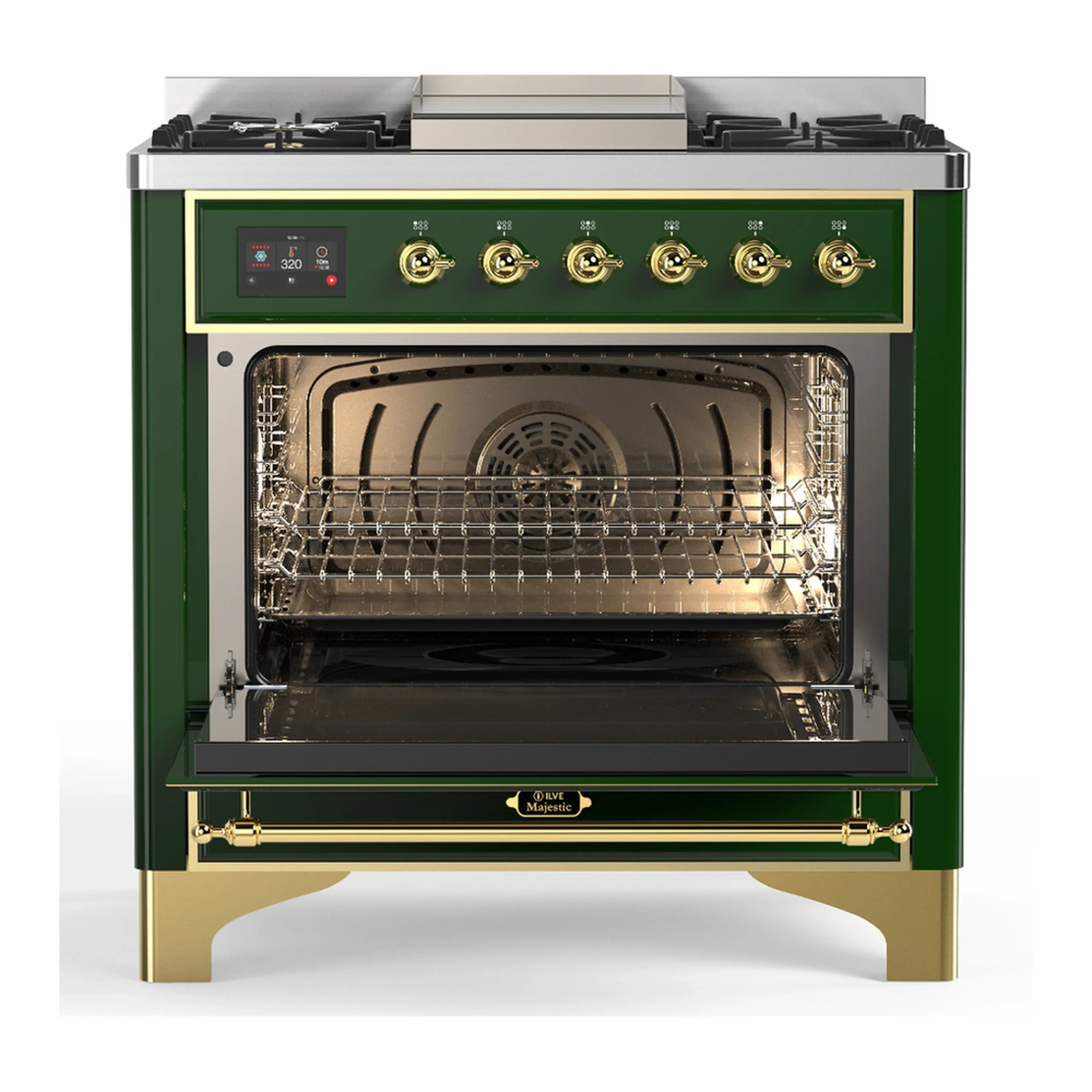 ILVE Majestic III 36-inch Dual Fuel Range with 5 Liquid Propane Burner, Griddle and Solid Door Electric Oven in Emerald Green with Brass Trim (UM36FQNR3EGGLP) - Image 4