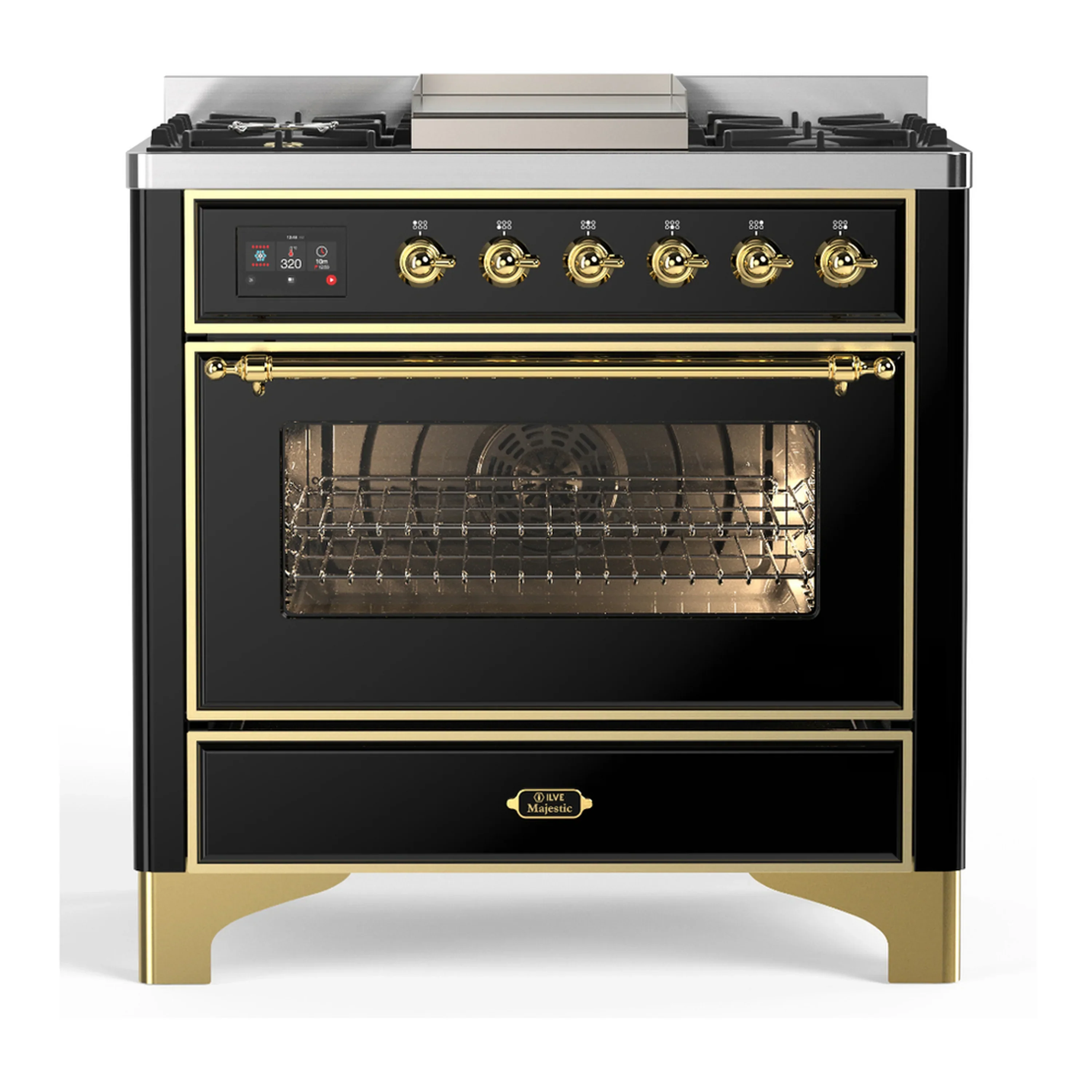 ILVE Majestic III 36-inch Dual Fuel Range with 6 Natural Gas Burner, Griddle and Triple Glass Door Electric Oven in Glossy Black with Brass Trim (UM36FNR3BKG) - Image 3