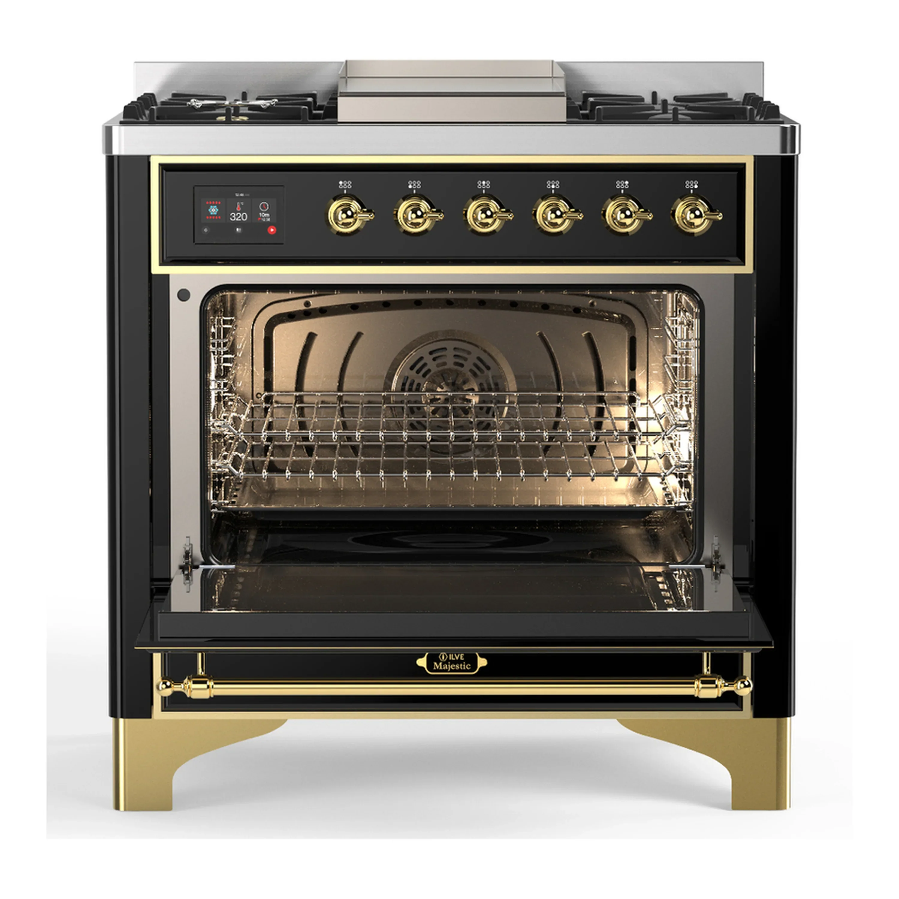 ILVE Majestic III 36-inch Dual Fuel Range with 6 Natural Gas Burner, Griddle and Triple Glass Door Electric Oven in Glossy Black with Brass Trim (UM36FNR3BKG) - Image 4