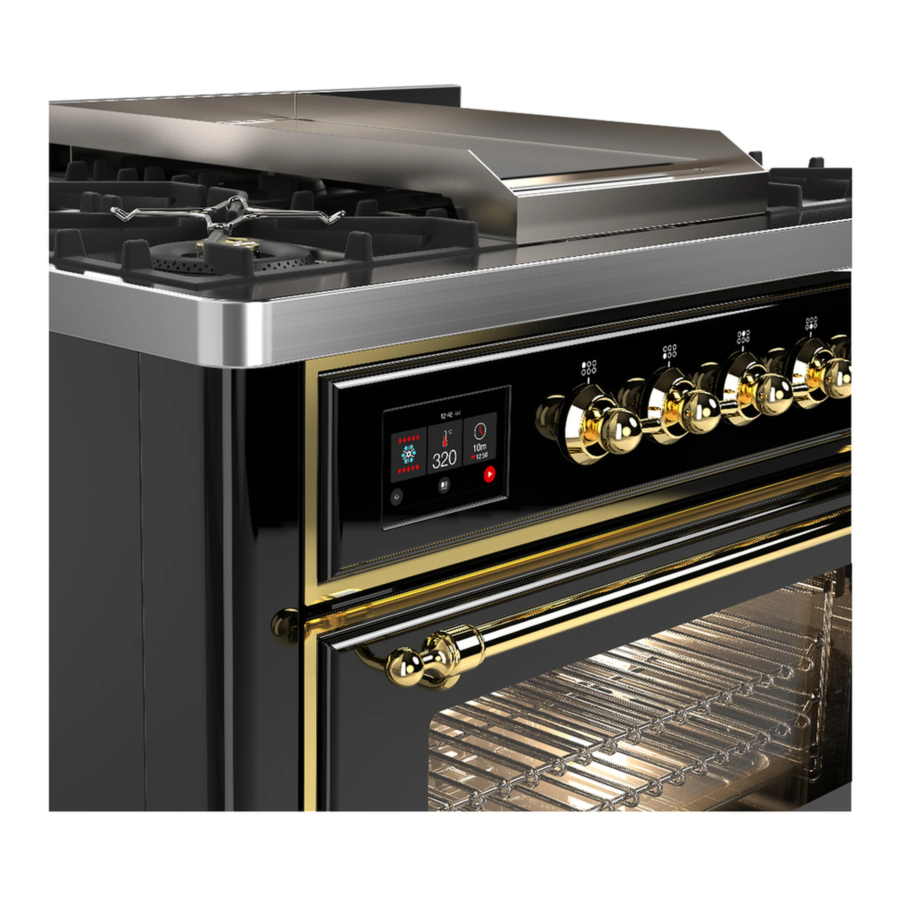 ILVE Majestic III 36-inch Dual Fuel Range with 6 Natural Gas Burner, Griddle and Triple Glass Door Electric Oven in Glossy Black with Brass Trim (UM36FNR3BKG) - Image 5