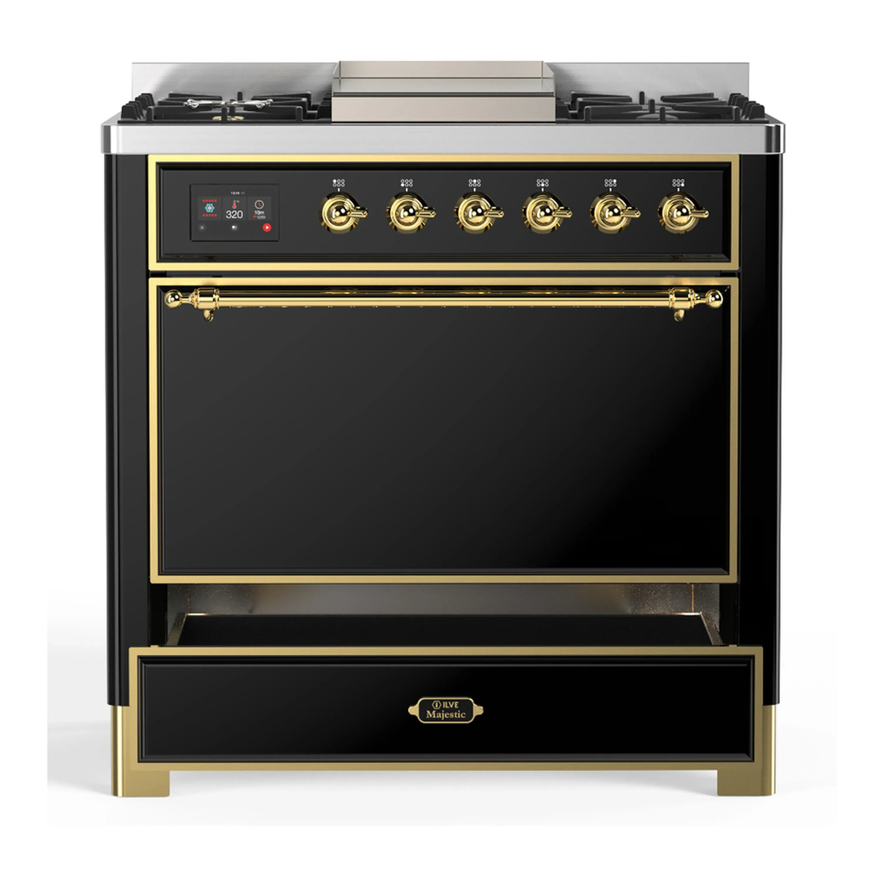 ILVE Majestic III 36-inch Dual Fuel Range with 6 Natural Gas Burner, Griddle and Solid Door Electric Oven in Glossy Black with Brass Trim (UM36FQNR3BKG) - Image 3