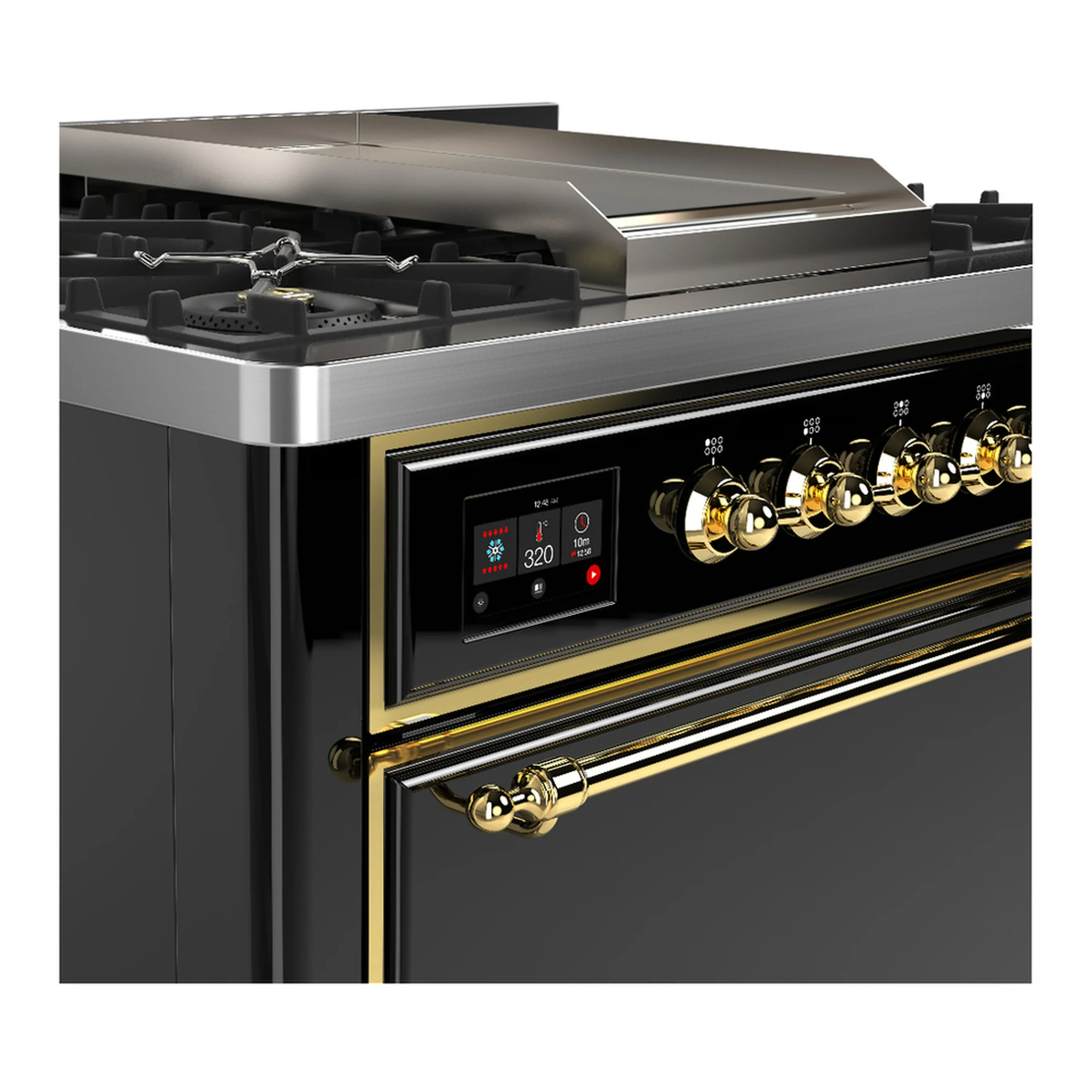 ILVE Majestic III 36-inch Dual Fuel Range with 5 Liquid Propane Burner, Griddle and Solid Door Electric Oven in Glossy Black with Brass Trim (UM36FQNR3BKGLP) - Image 5