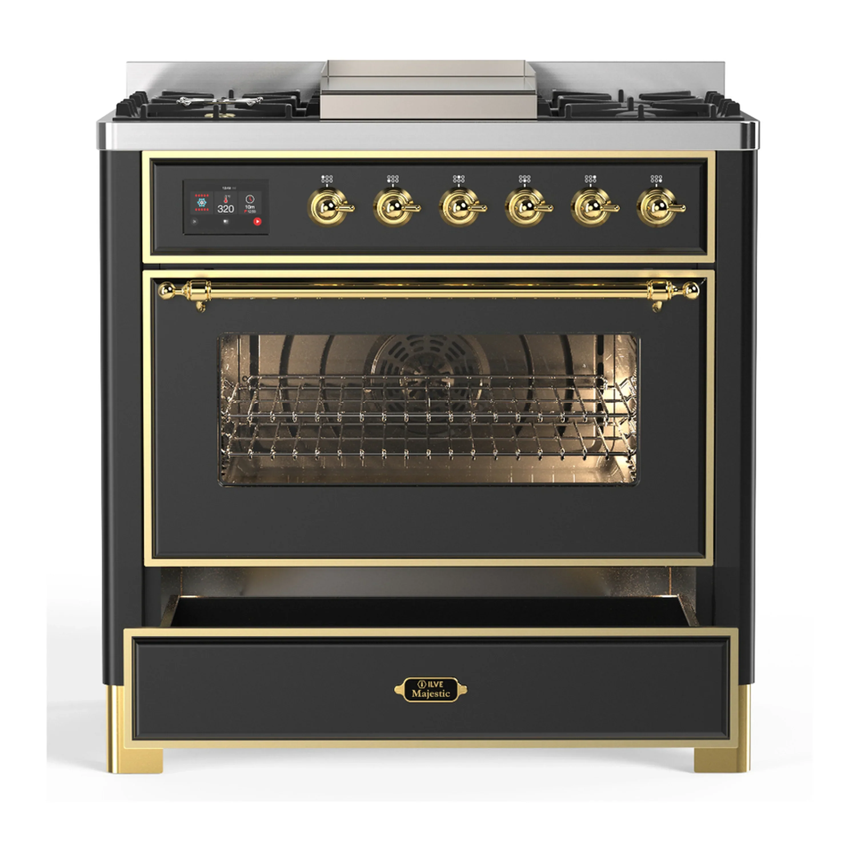 ILVE Majestic III 36-inch Dual Fuel Range with 6 Natural Gas Burner, Griddle and Triple Glass Door Electric Oven in Graphite Matte with Brass Trim (UM36FNR3MGG) - Image 3