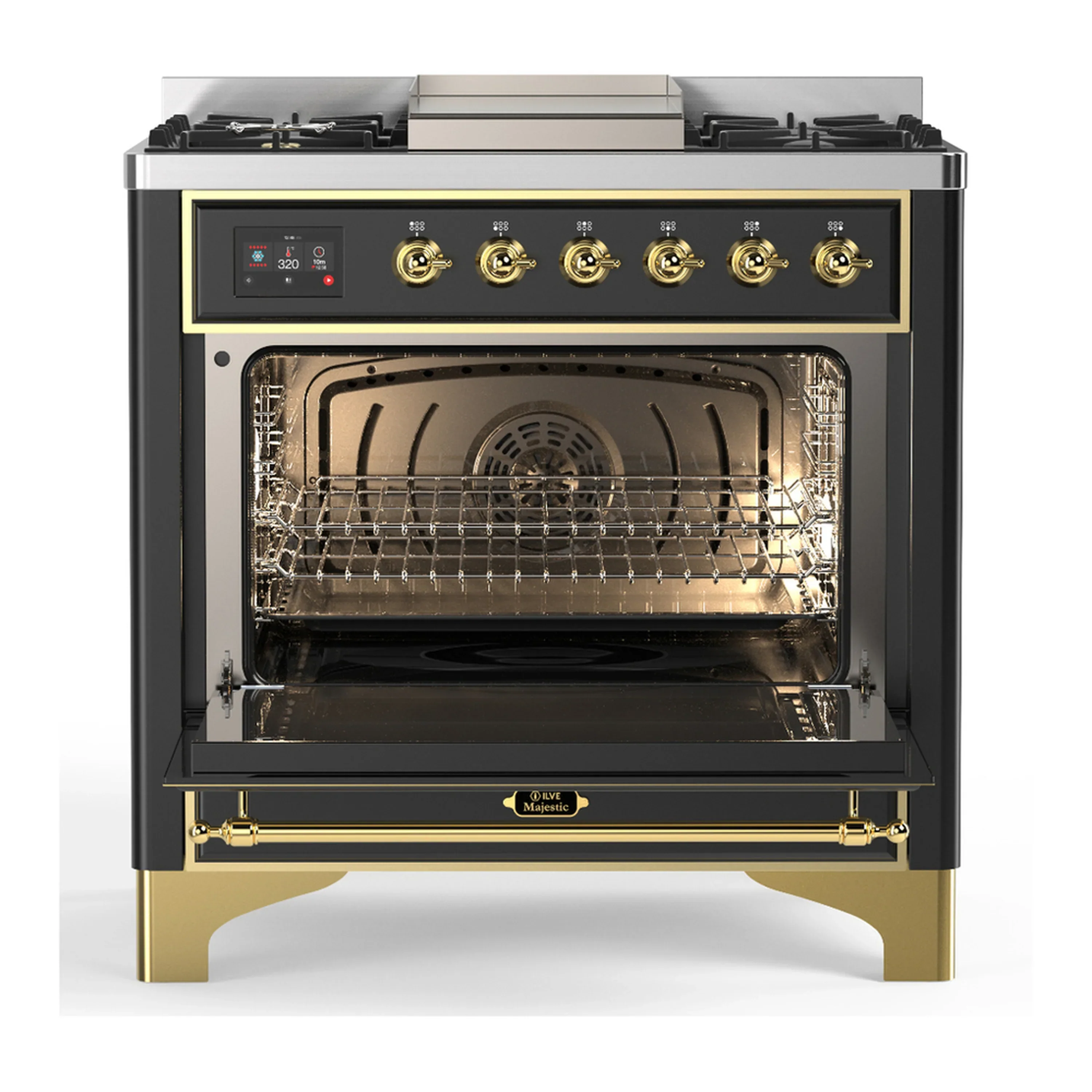 ILVE Majestic III 36-inch Dual Fuel Range with 6 Natural Gas Burner, Griddle and Triple Glass Door Electric Oven in Graphite Matte with Brass Trim (UM36FNR3MGG) - Image 4