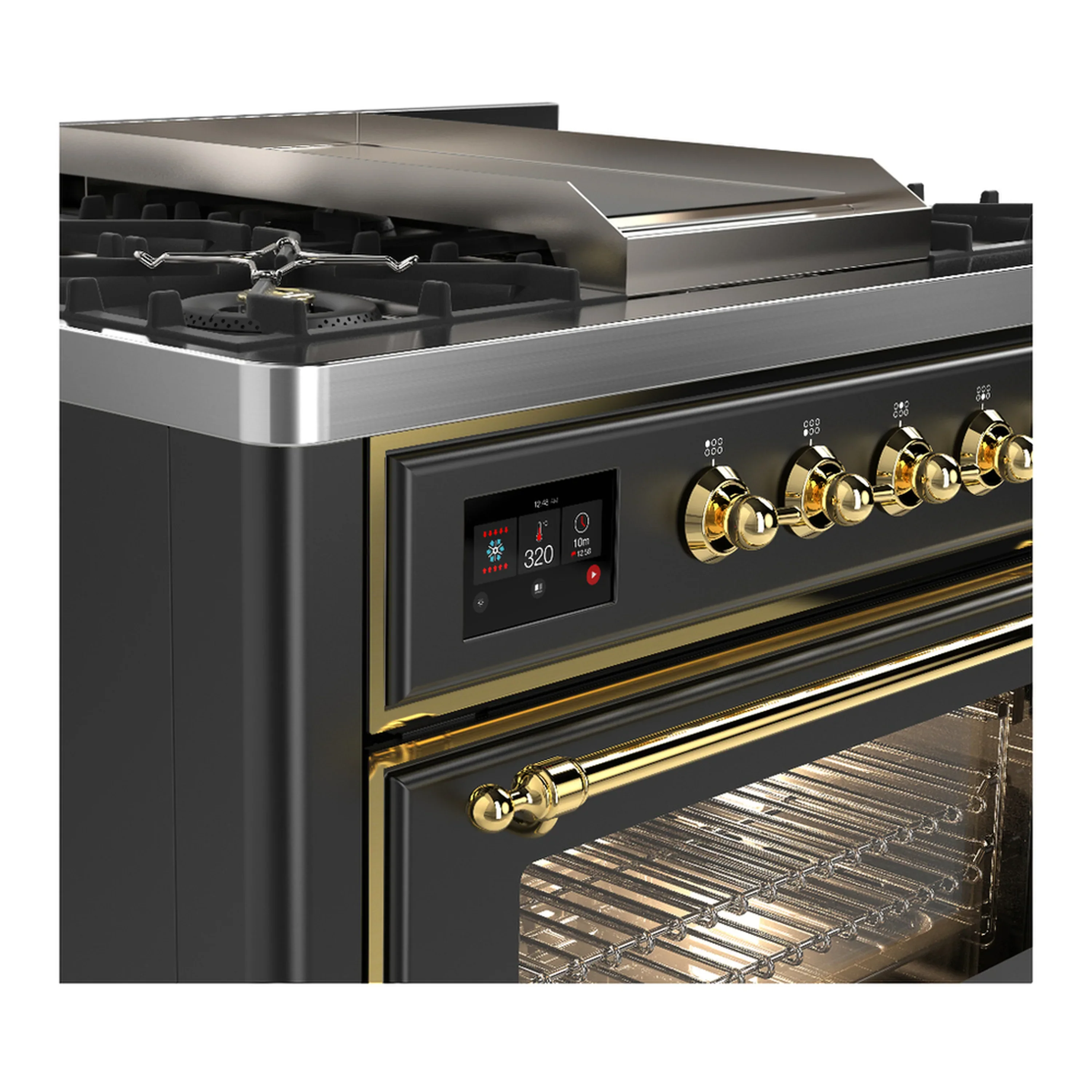 ILVE Majestic III 36-inch Dual Fuel Range with 6 Natural Gas Burner, Griddle and Triple Glass Door Electric Oven in Graphite Matte with Brass Trim (UM36FNR3MGG) - Image 5