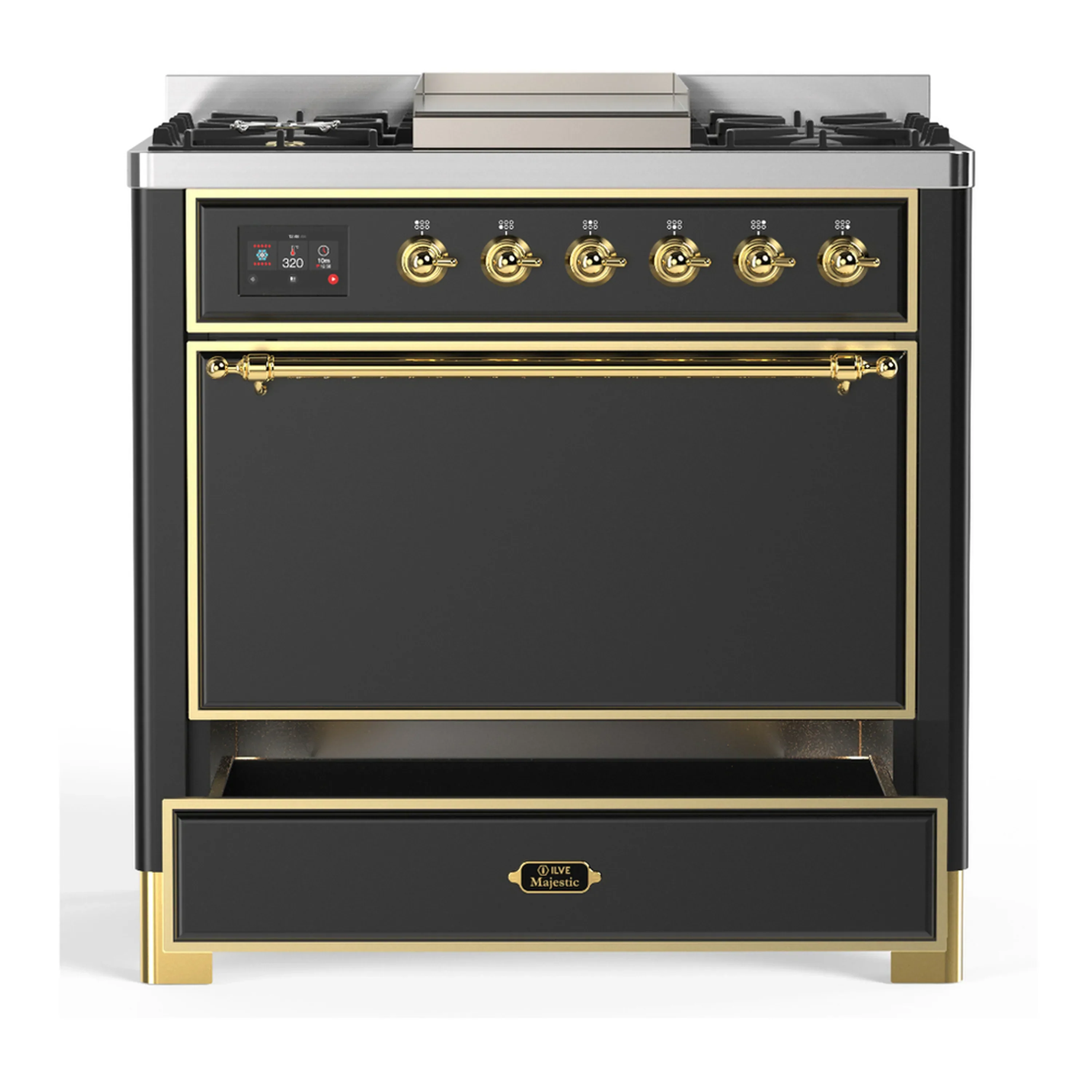ILVE Majestic III 36-inch Dual Fuel Range with 6 Natural Gas Burner, Griddle and Solid Door Electric Oven in Graphite Matte with Brass Trim (UM36FQNR3MGG) - Image 3