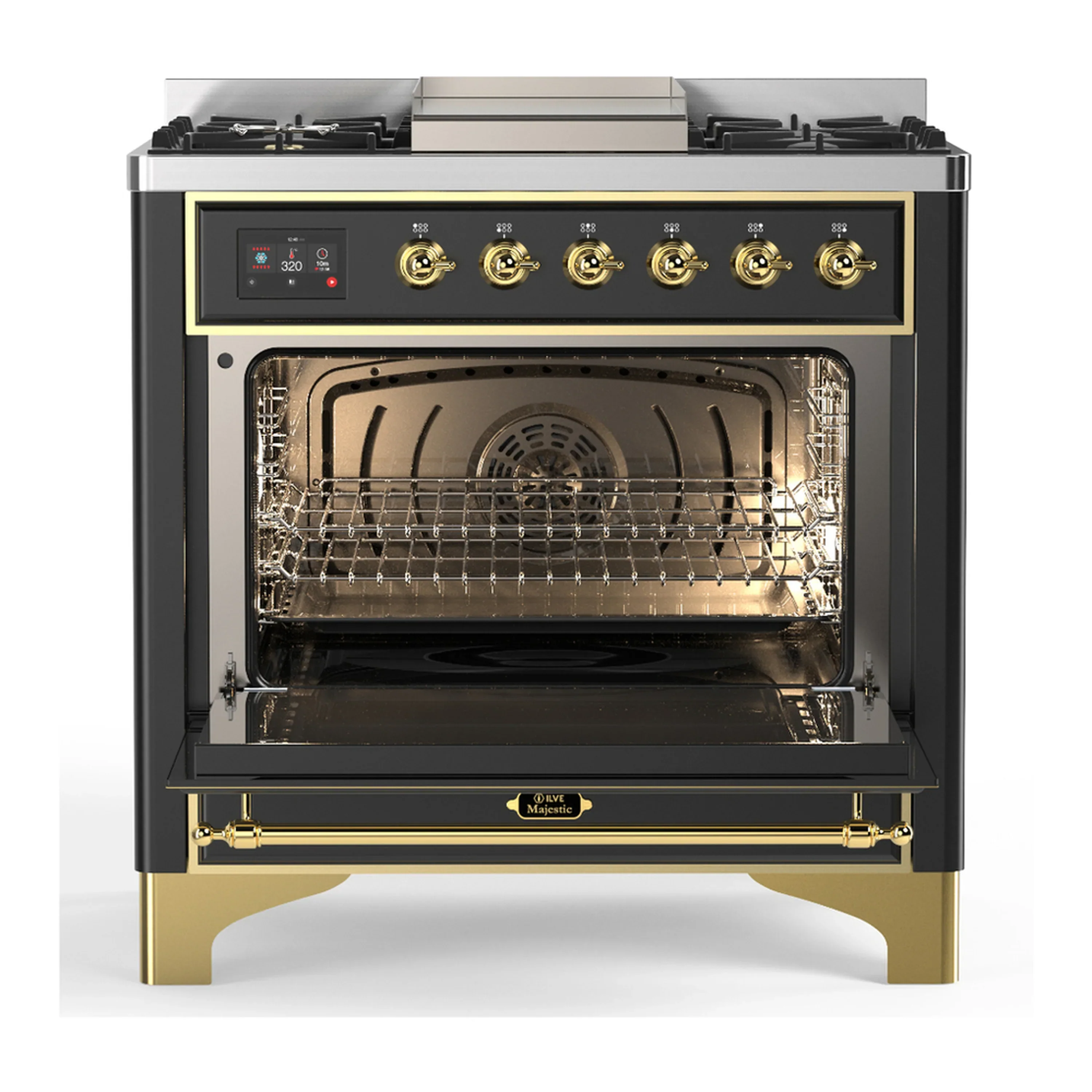 ILVE Majestic III 36-inch Dual Fuel Range with 6 Natural Gas Burner, Griddle and Solid Door Electric Oven in Graphite Matte with Brass Trim (UM36FQNR3MGG) - Image 4