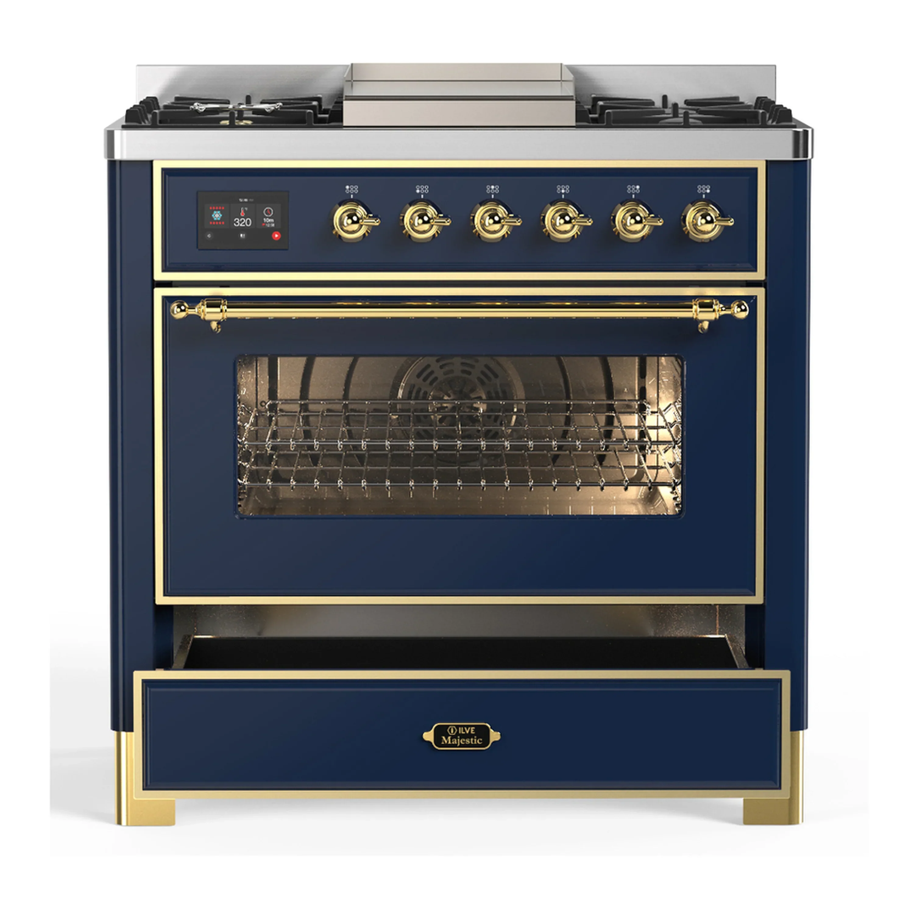 ILVE Majestic III 36-inch Dual Fuel Range with 6 Natural Gas Burner, Griddle and Triple Glass Door Electric Oven in Blue Grey with Brass Trim (UM36FNR3MBG) - Image 3