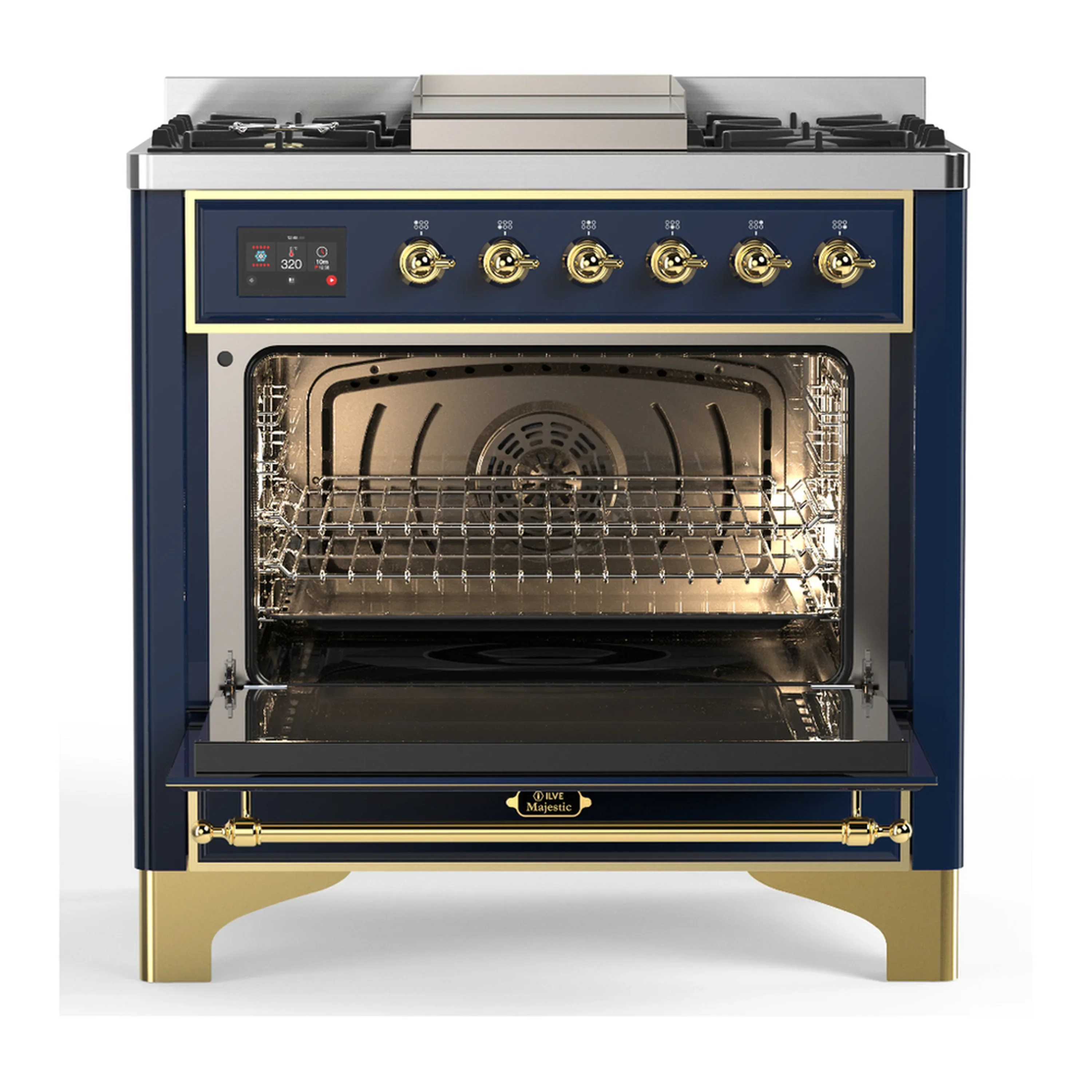 ILVE Majestic III 36-inch Dual Fuel Range with 6 Natural Gas Burner, Griddle and Triple Glass Door Electric Oven in Blue Grey with Brass Trim (UM36FNR3MBG) - Image 4