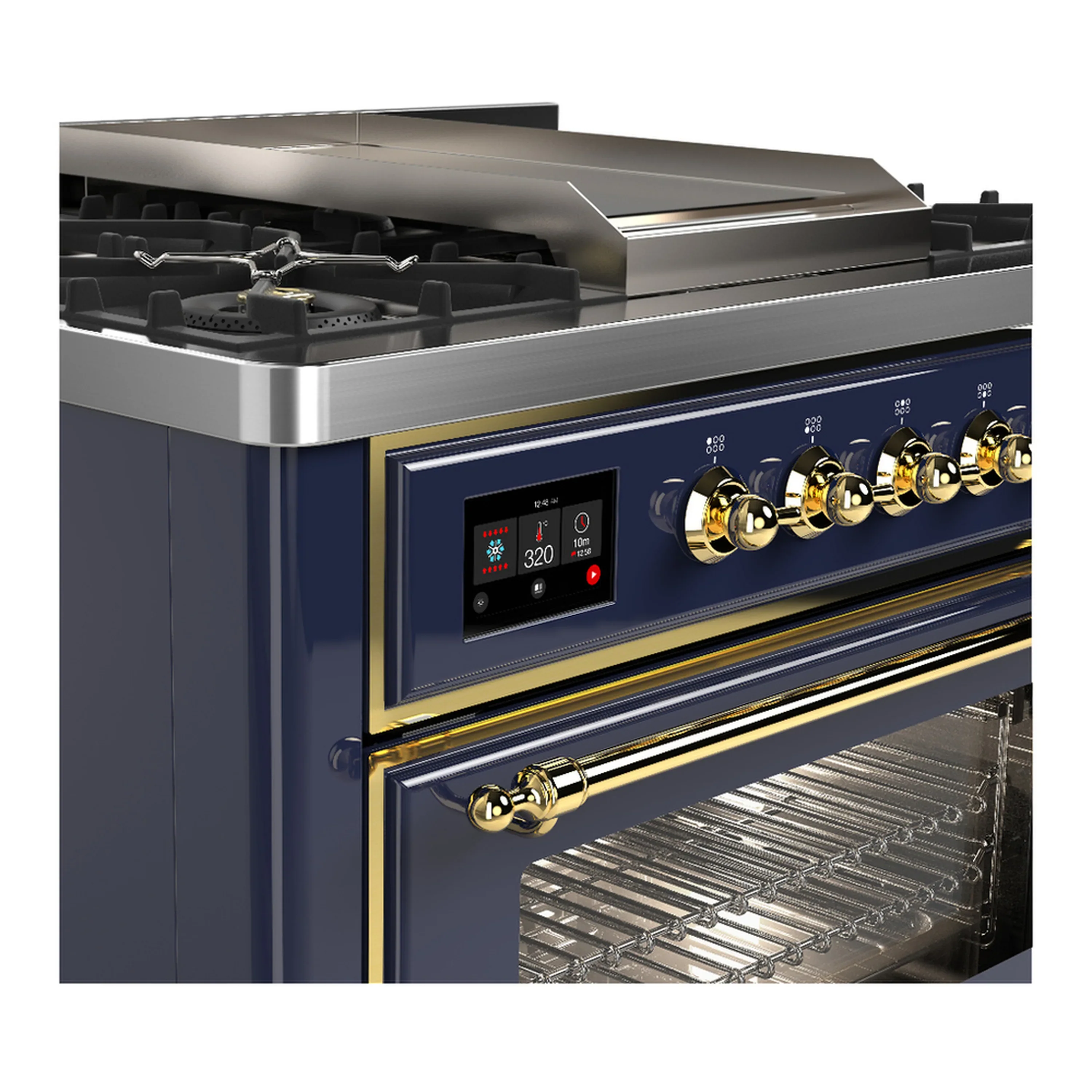 ILVE Majestic III 36-inch Dual Fuel Range with 6 Natural Gas Burner, Griddle and Triple Glass Door Electric Oven in Blue Grey with Brass Trim (UM36FNR3MBG) - Image 5
