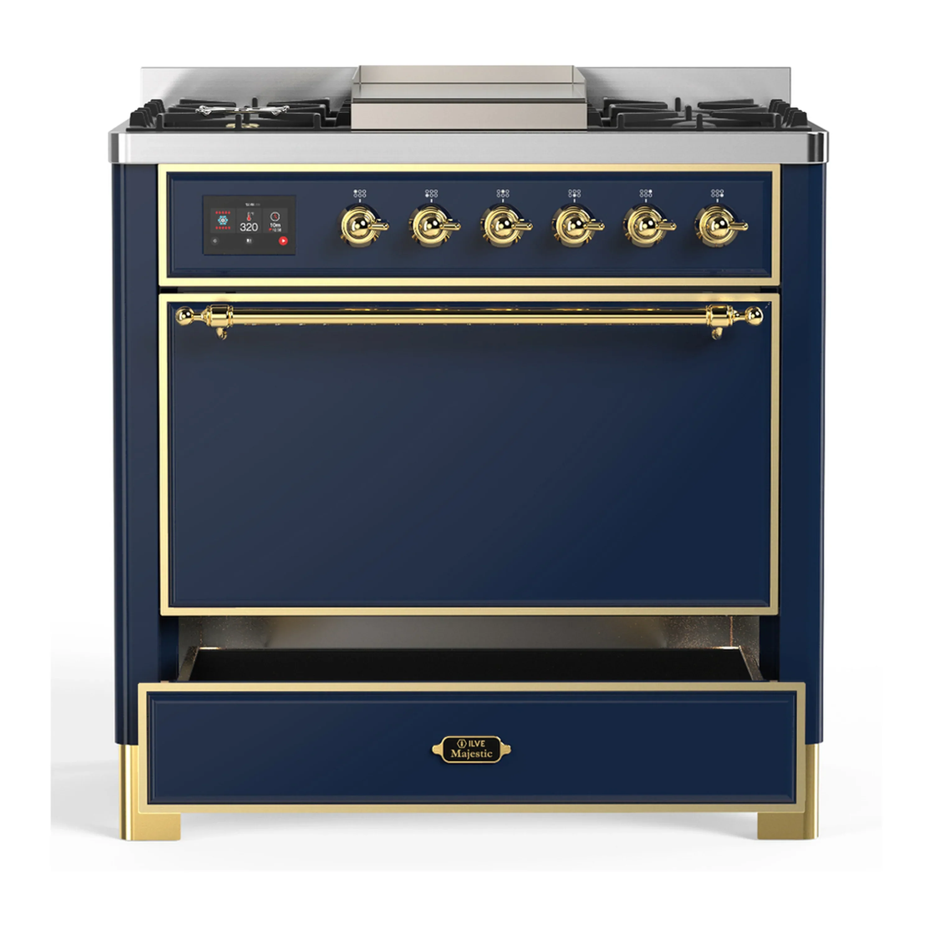 ILVE Majestic III 36-inch Dual Fuel Range with 6 Natural Gas Burner, Griddle and Solid Door Electric Oven in Blue Grey with Brass Trim (UM36FQNR3MBG) - Image 3