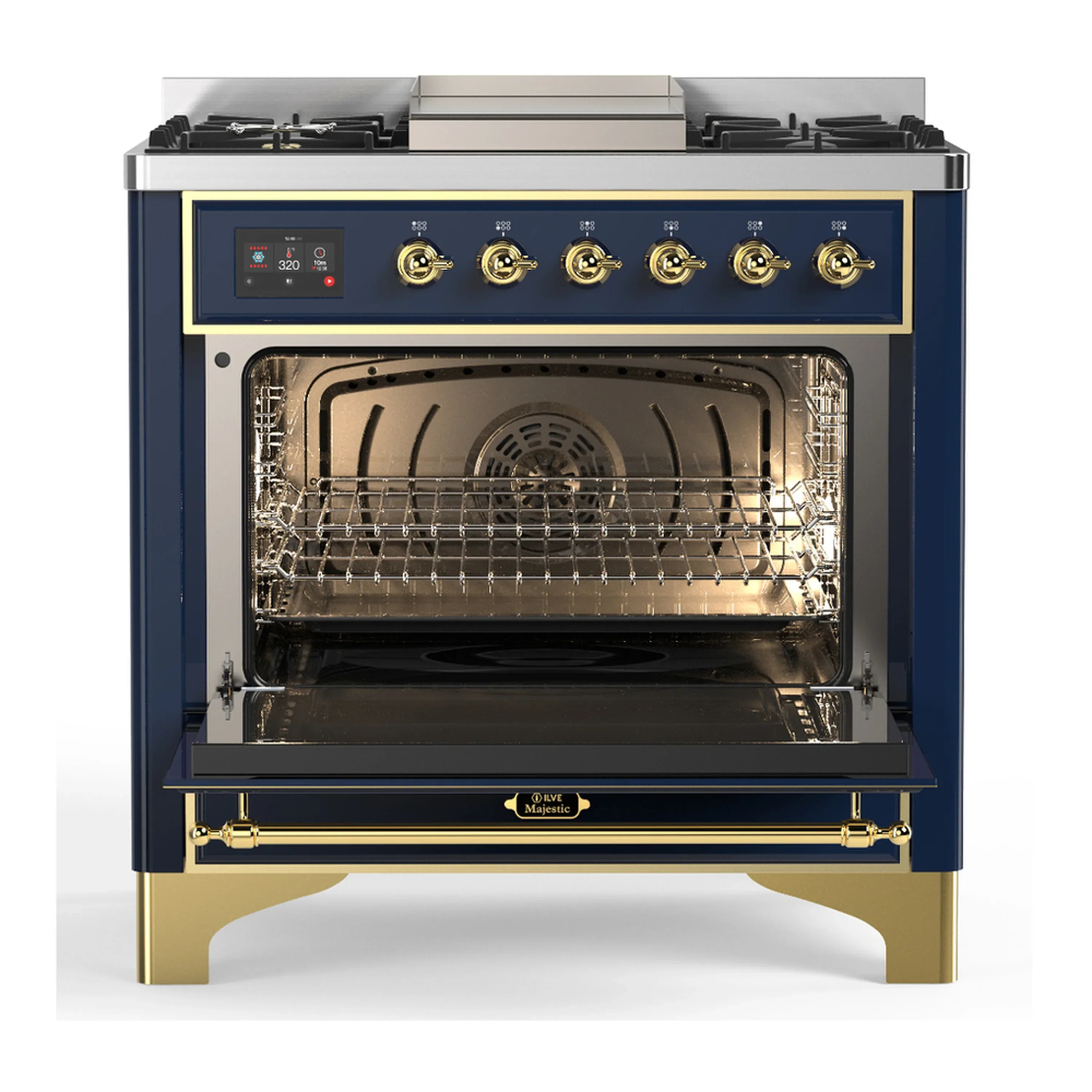ILVE Majestic III 36-inch Dual Fuel Range with 6 Natural Gas Burner, Griddle and Solid Door Electric Oven in Blue Grey with Brass Trim (UM36FQNR3MBG) - Image 4
