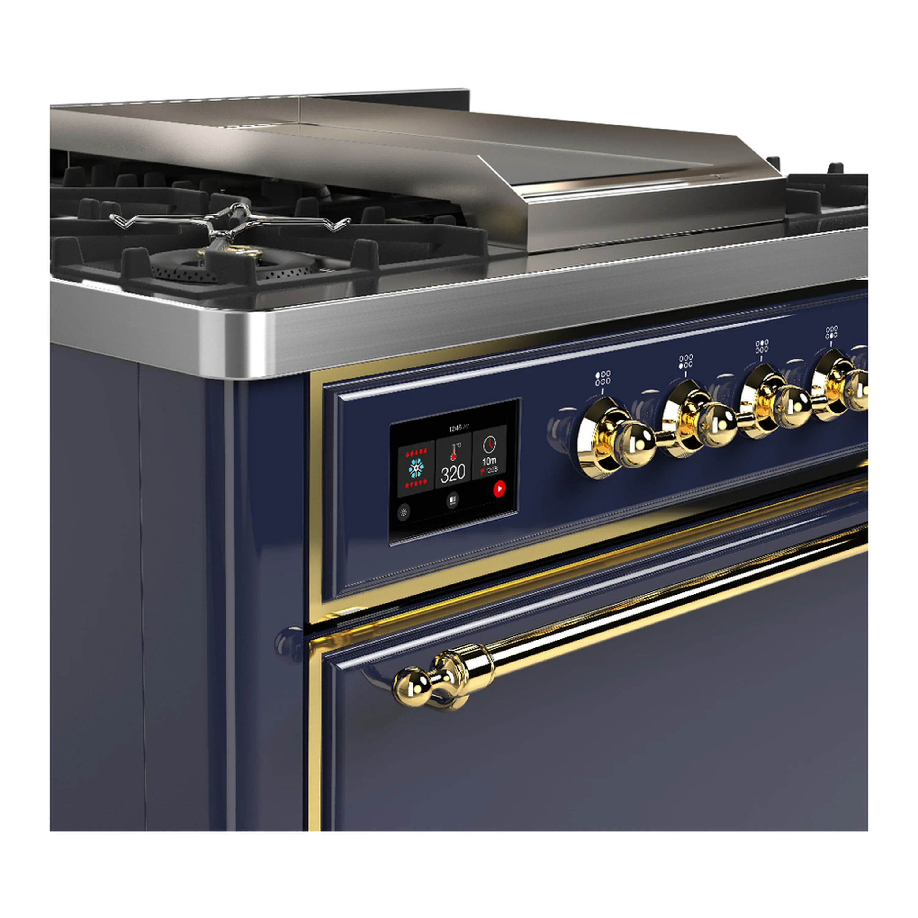 ILVE Majestic III 36-inch Dual Fuel Range with 5 Liquid Propane Burner, Griddle and Solid Door Electric Oven in Blue Grey with Brass Trim (UM36FQNR3MBGLP) - Image 5