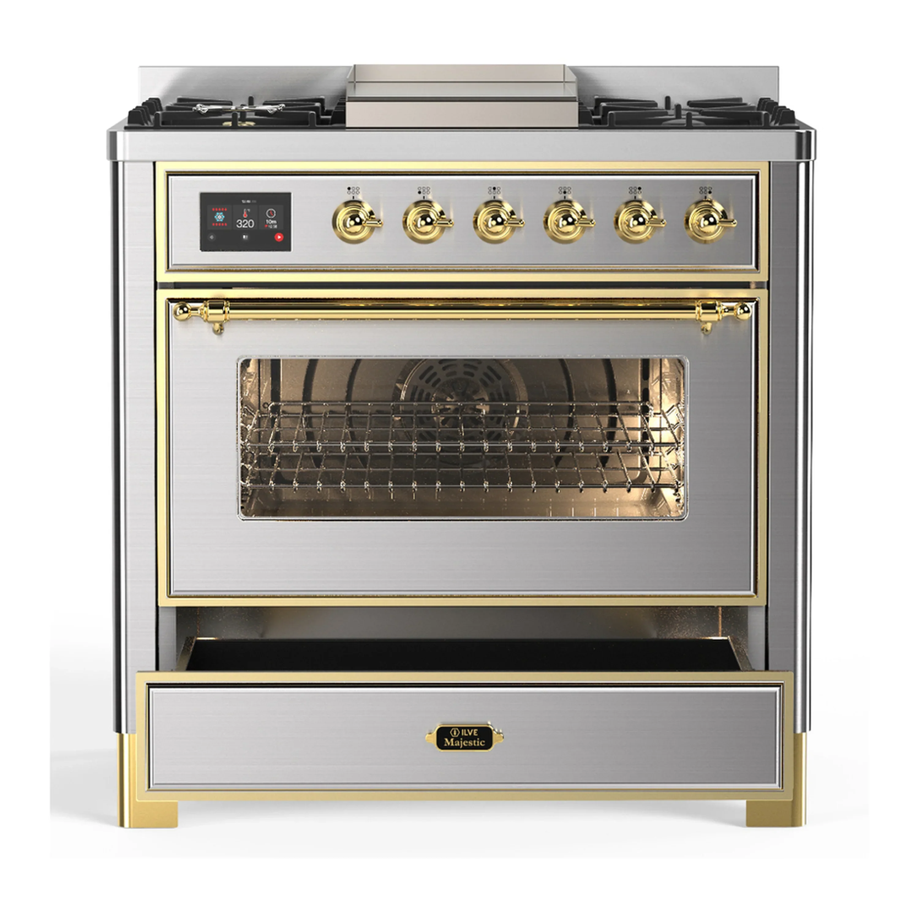ILVE Majestic III 36-inch Dual Fuel Range with 6 Natural Gas Burner, Griddle and Triple Glass Door Electric Oven in Stainless Steel with Brass Trim (UM36FNR3SSG) - Image 3