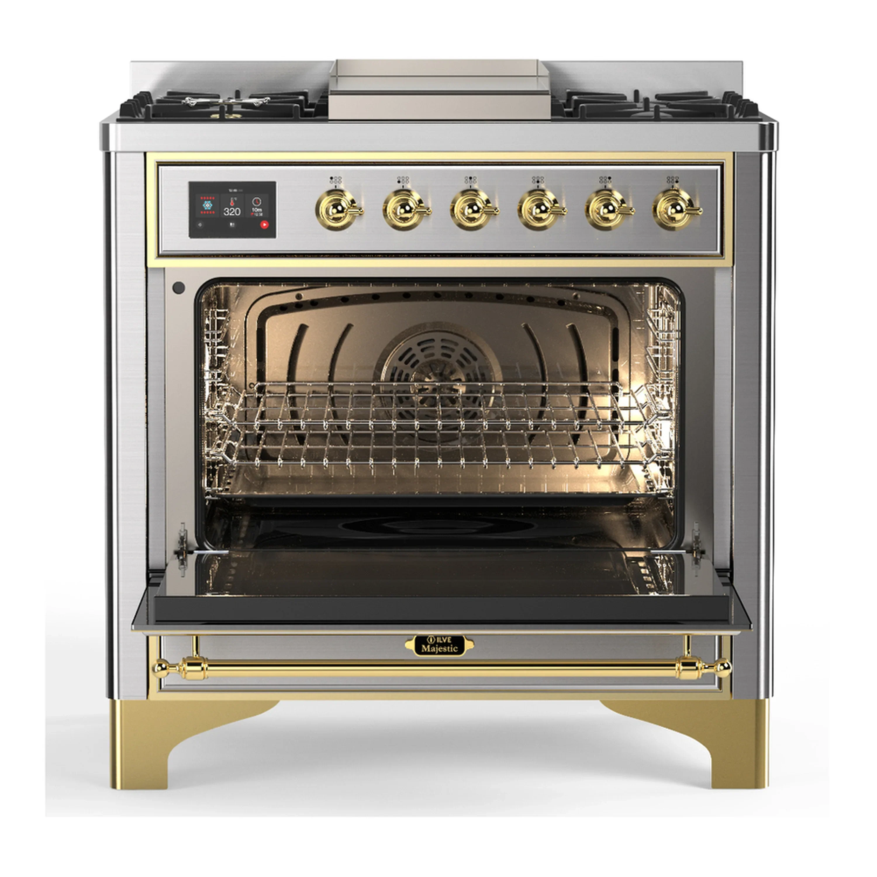 ILVE Majestic III 36-inch Dual Fuel Range with 6 Natural Gas Burner, Griddle and Triple Glass Door Electric Oven in Stainless Steel with Brass Trim (UM36FNR3SSG) - Image 4