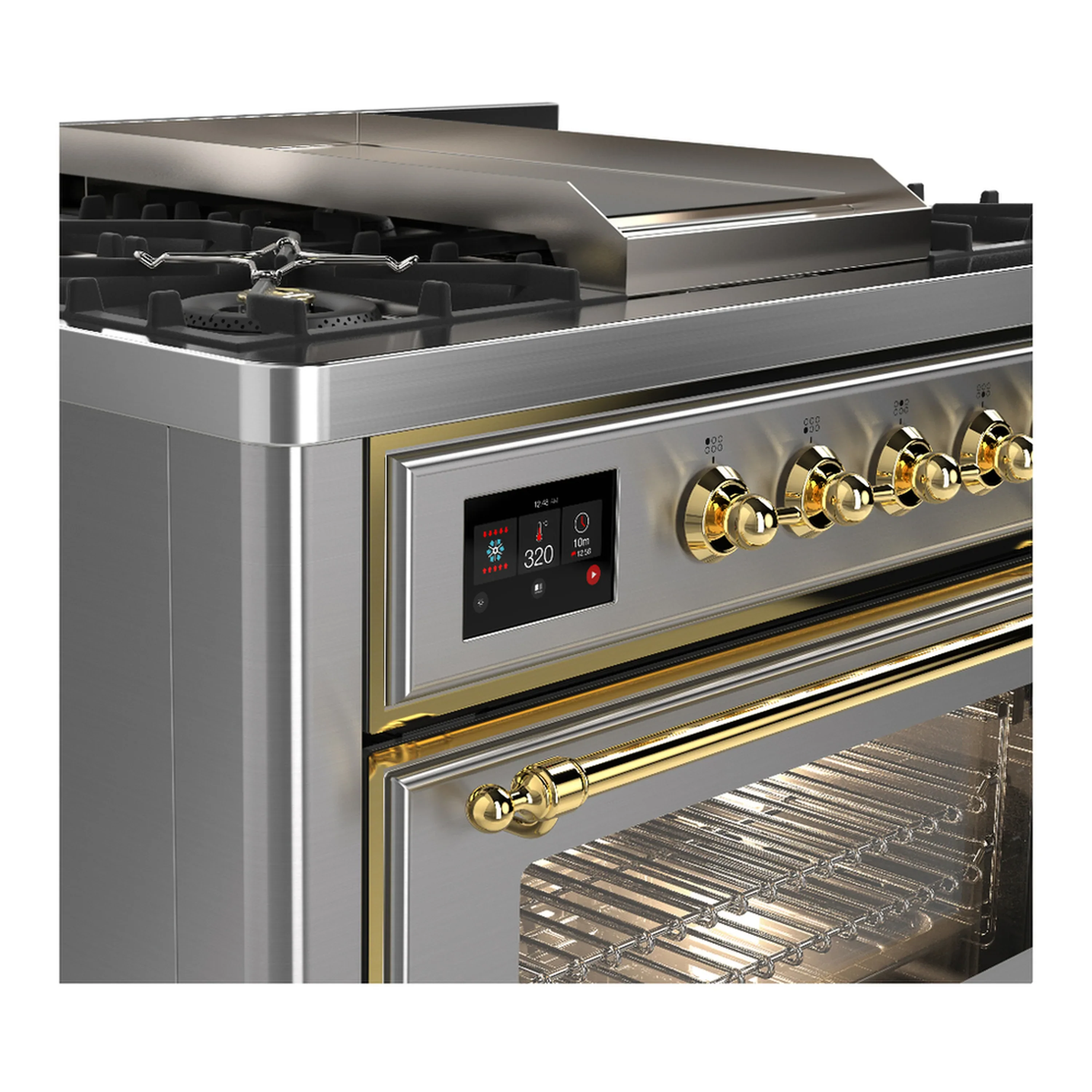 ILVE Majestic III 36-inch Dual Fuel Range with 6 Natural Gas Burner, Griddle and Triple Glass Door Electric Oven in Stainless Steel with Brass Trim (UM36FNR3SSG) - Image 5
