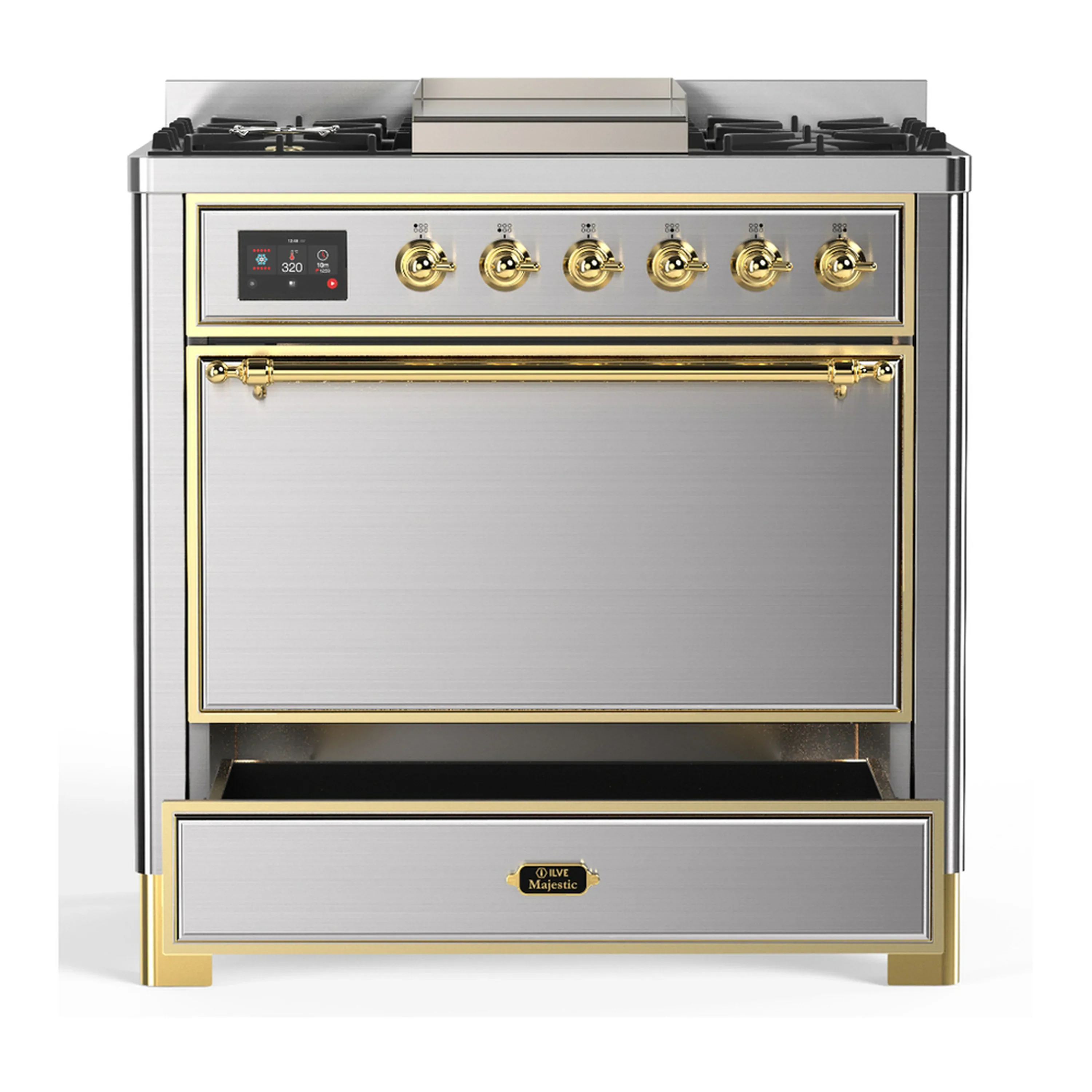 ILVE Majestic III 36-inch Dual Fuel Range with 6 Natural Gas Burner, Griddle and Solid Door Electric Oven in Stainless Steel with Brass Trim (UM36FQNR3SSG) - Image 3