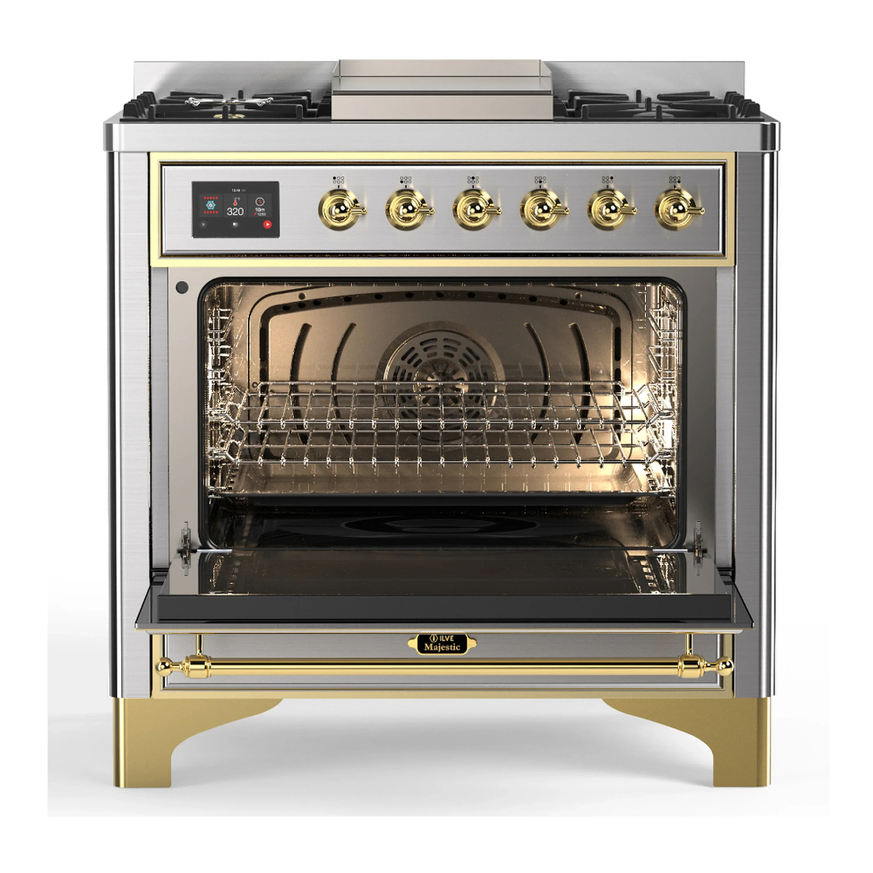 ILVE Majestic III 36-inch Dual Fuel Range with 6 Natural Gas Burner, Griddle and Solid Door Electric Oven in Stainless Steel with Brass Trim (UM36FQNR3SSG) - Image 4