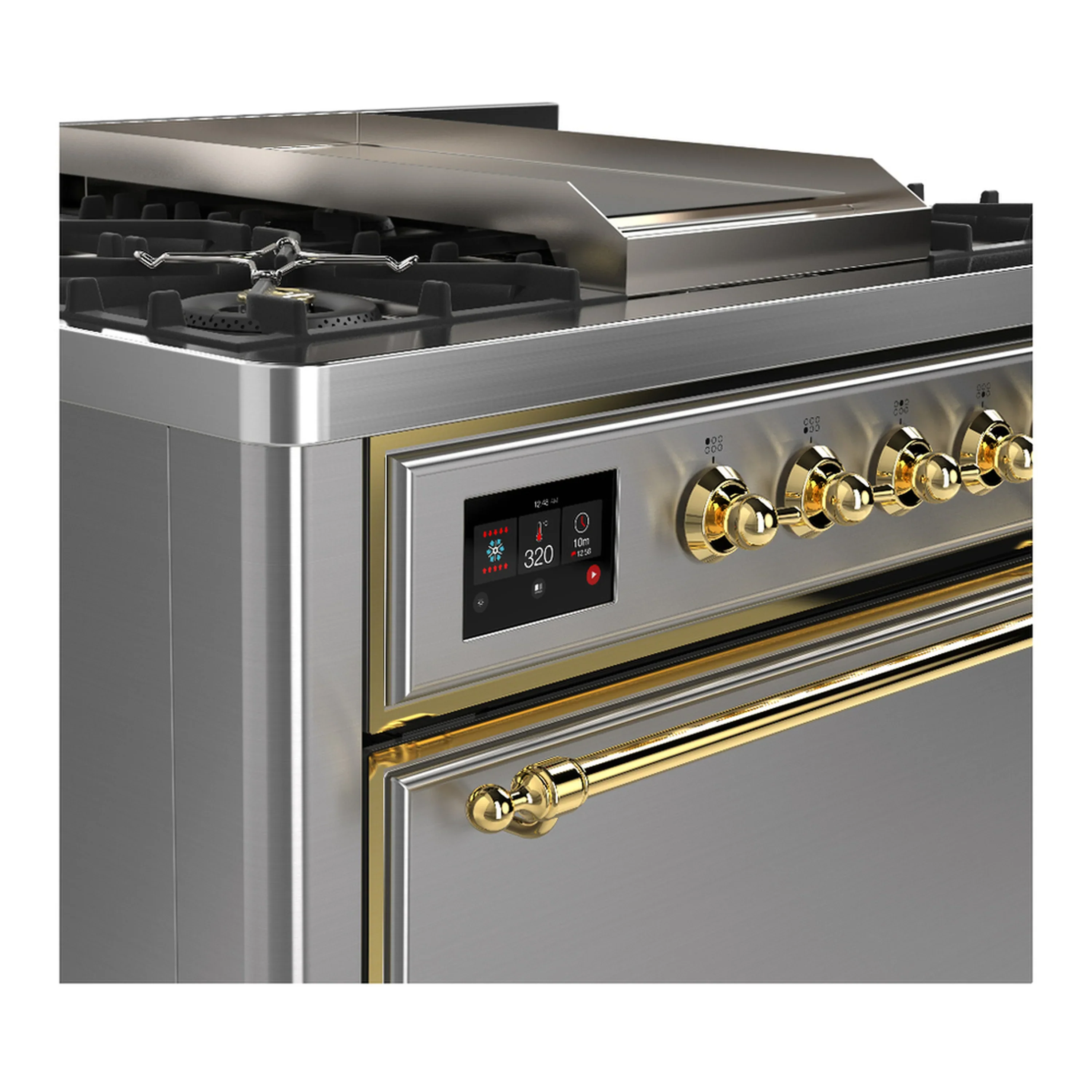 ILVE Majestic III 36-inch Dual Fuel Range with 6 Natural Gas Burner, Griddle and Solid Door Electric Oven in Stainless Steel with Brass Trim (UM36FQNR3SSG) - Image 5