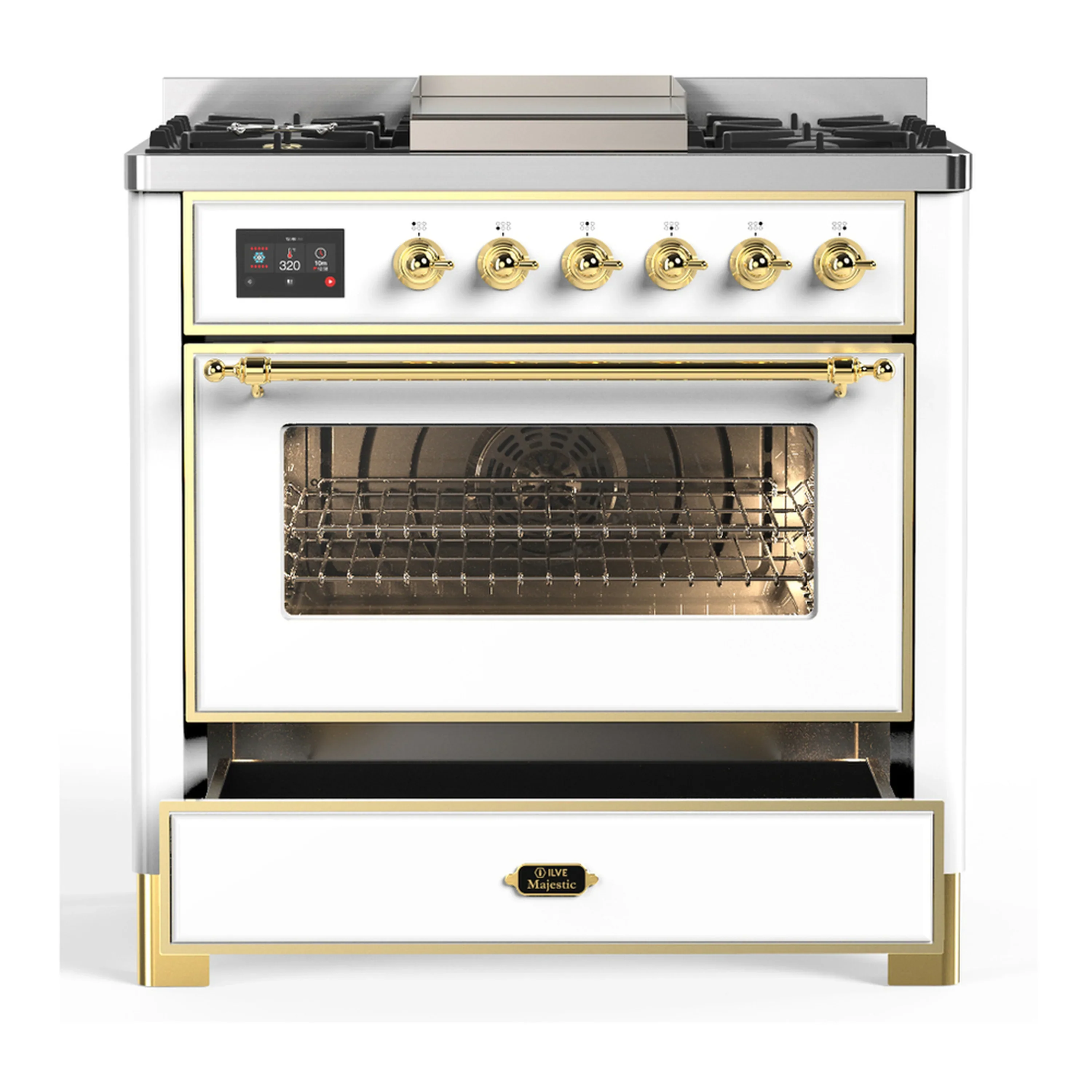 ILVE Majestic III 36-inch Dual Fuel Range with 6 Natural Gas Burner, Griddle and Triple Glass Door Electric Oven in White with Brass Trim (UM36FNR3WHG) - Image 3
