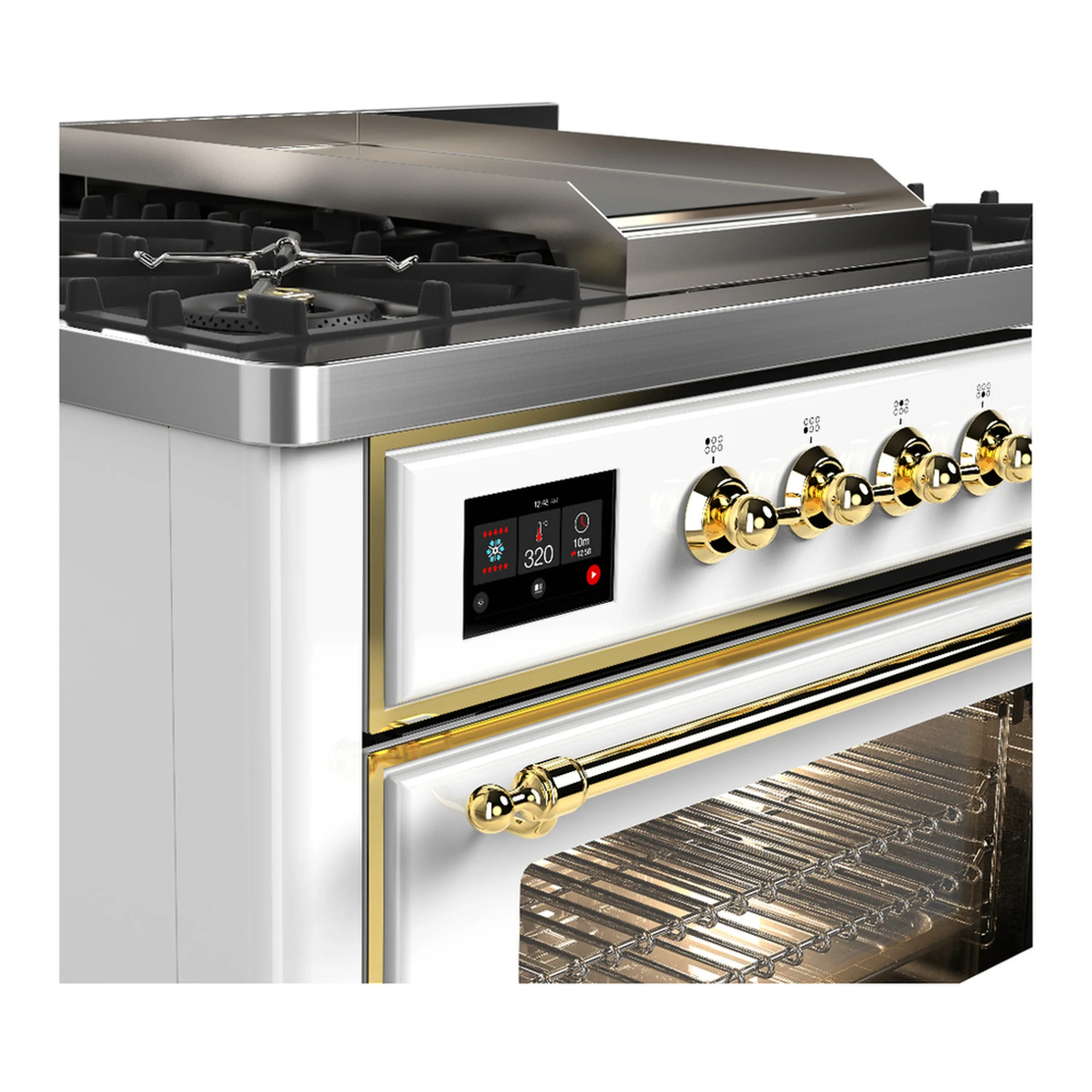 ILVE Majestic III 36-inch Dual Fuel Range with 5 Liquid Propane Burner, Griddle and Triple Glass Door Electric Oven in White with Brass Trim (UM36FNR3WHGLP) - Image 5