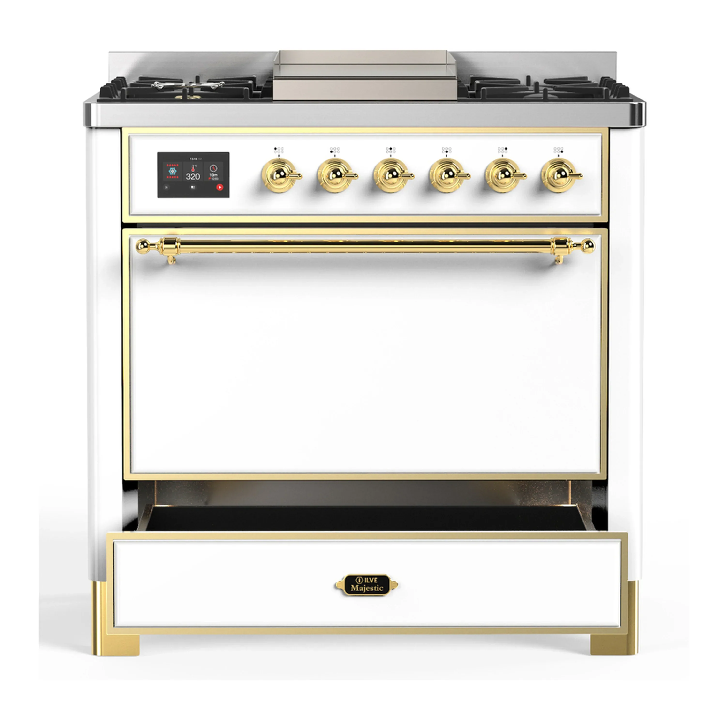 ILVE Majestic III 36-inch Dual Fuel Range with 6 Natural Gas Burner, Griddle and Solid Door Electric Oven in White with Brass Trim (UM36FQNR3WHG) - Image 3