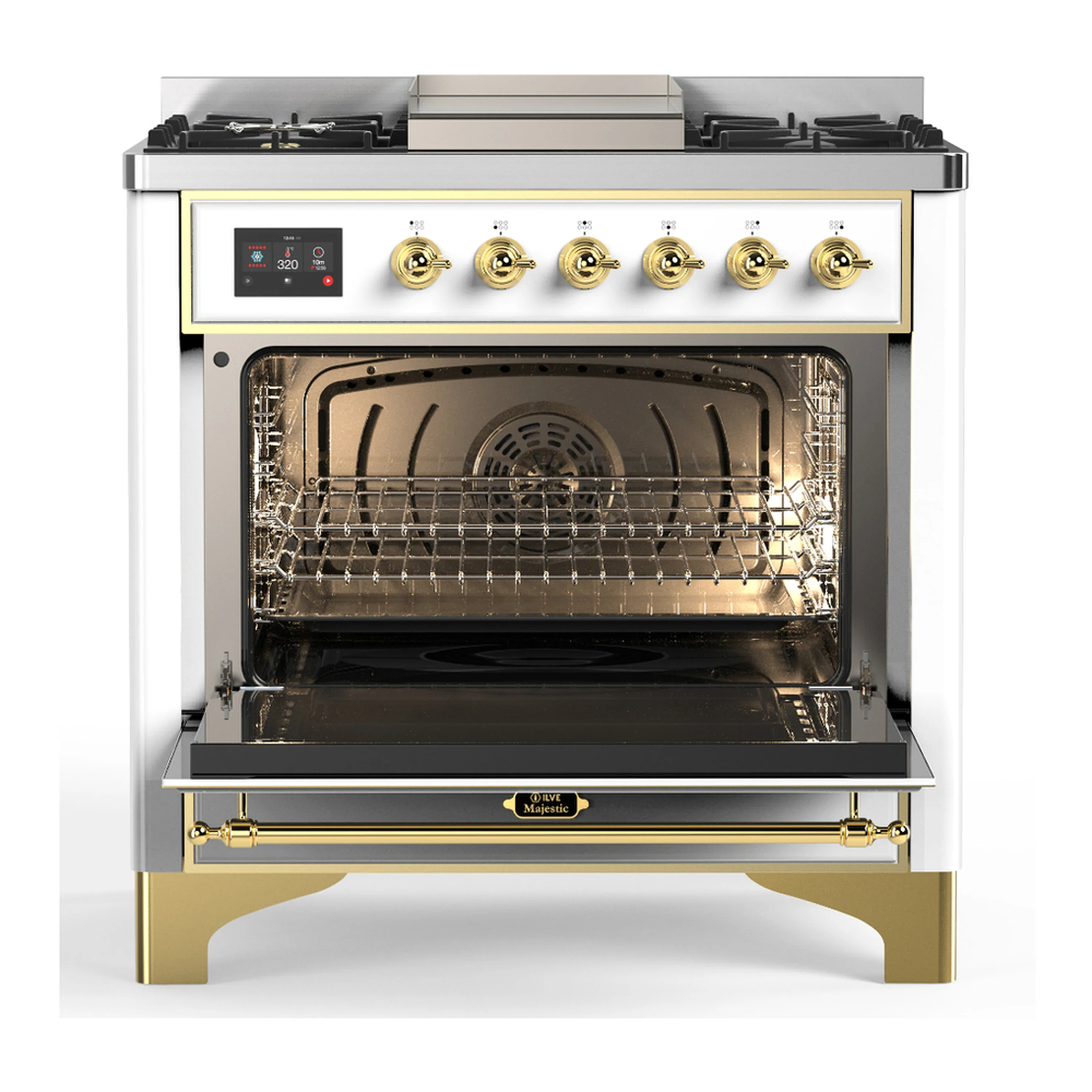 ILVE Majestic III 36-inch Dual Fuel Range with 6 Natural Gas Burner, Griddle and Solid Door Electric Oven in White with Brass Trim (UM36FQNR3WHG) - Image 4